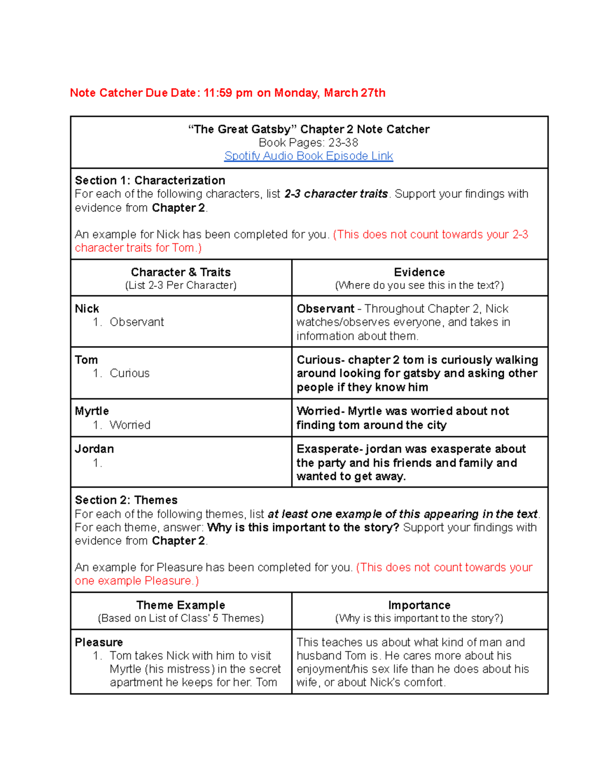 “Gatsby” Chapter 2 Note Catcher - Note Catcher Due Date: 11:59 pm on ...