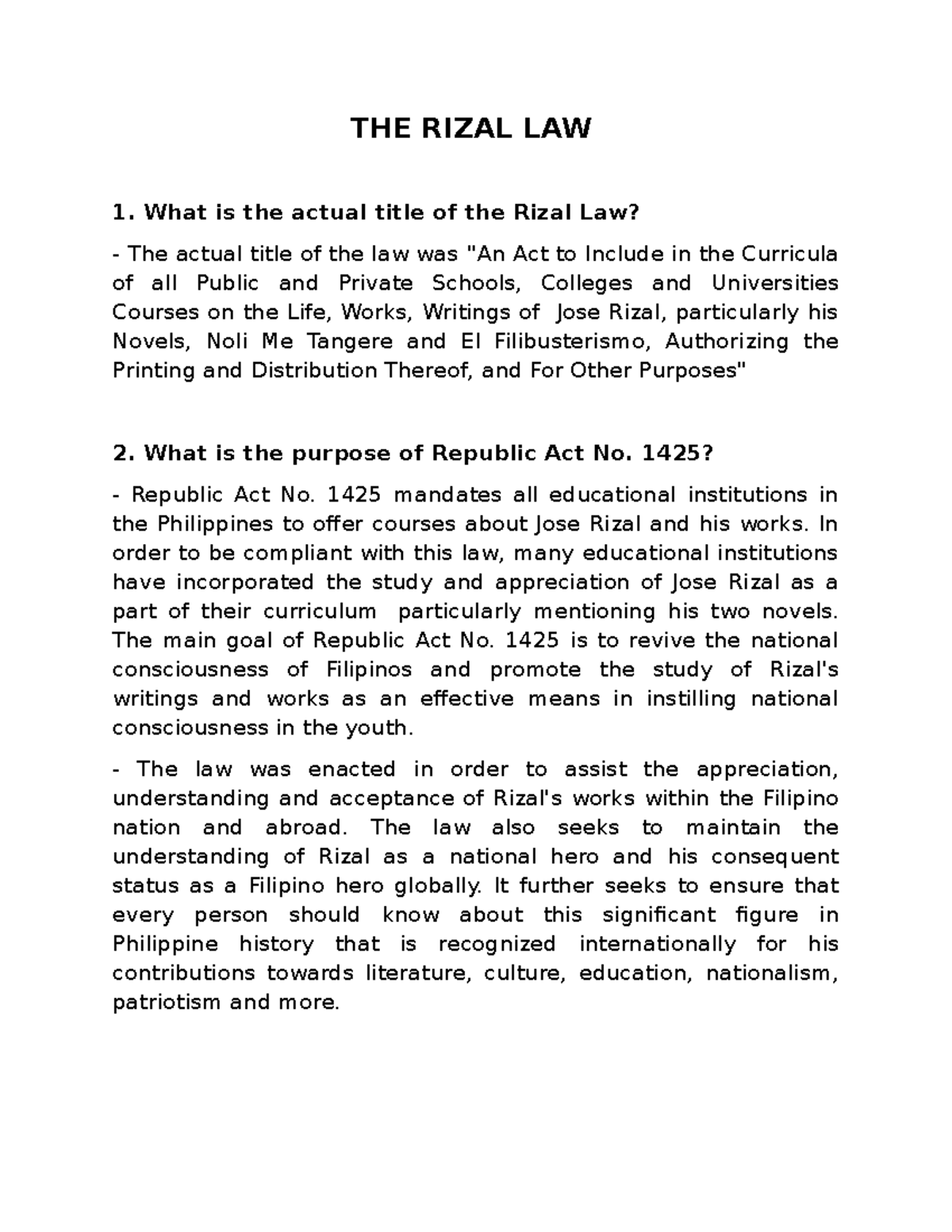 F1-16 - Chapter 1-16 F - THE RIZAL LAW What is the actual title of the ...