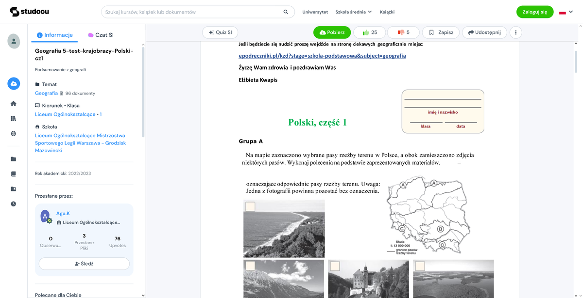 Geografia 5-test-krajobrazy-Polski-cz1 - Drodzy uczniowie kl. V