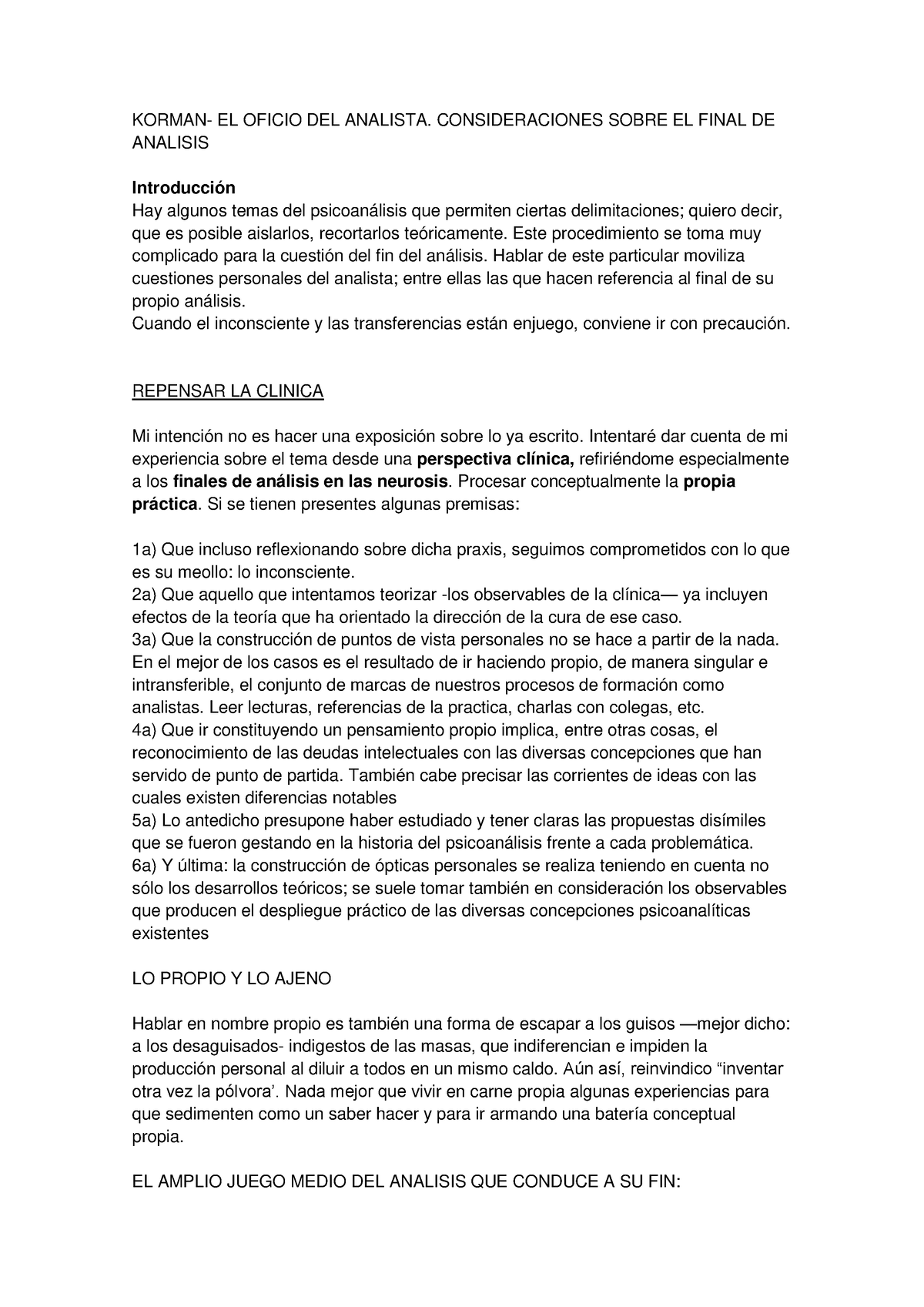 Resumen Del Texto De Korman Korman El Oficio Del Analista Consideraciones Sobre El Final De 3826