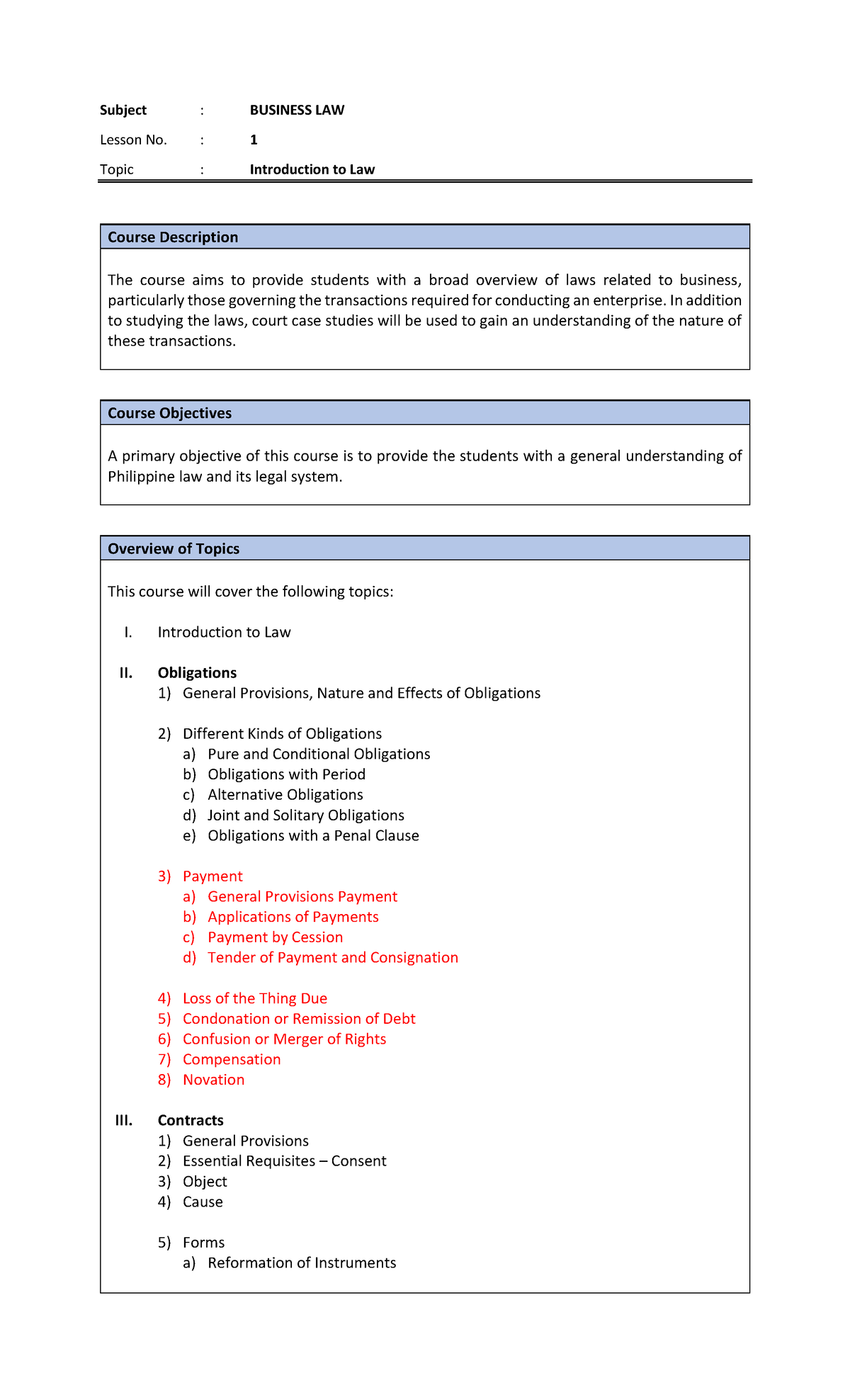 Business Law Lesson 1 Intro to Law - Subject : BUSINESS LAW Lesson No ...