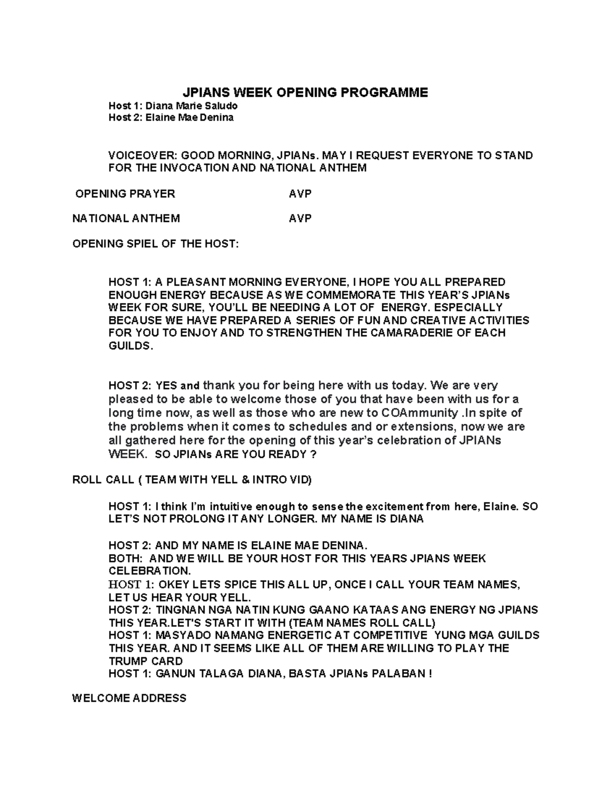 Opening- Program - JPIANS WEEK OPENING PROGRAMME Host 1: Diana Marie ...