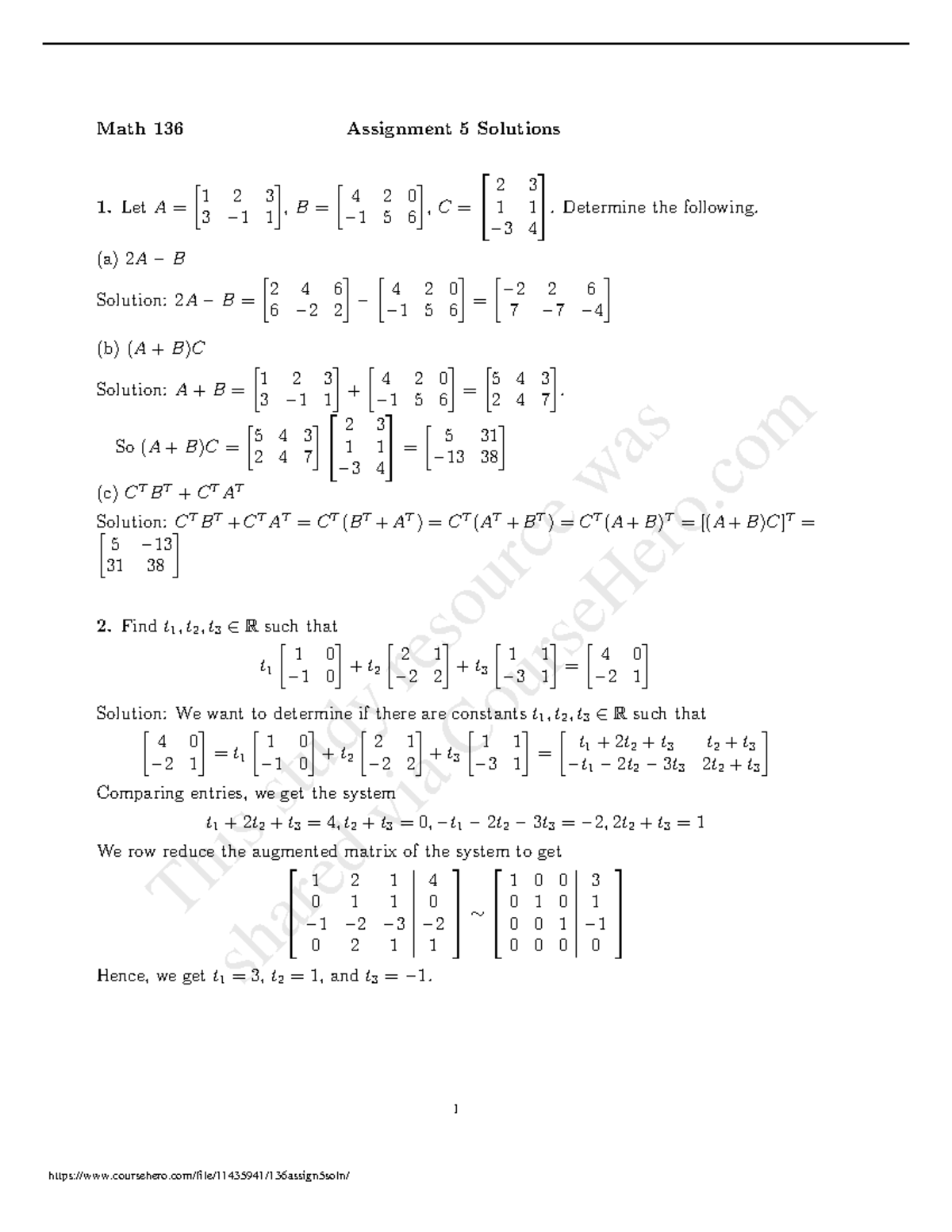 136assign 5 Soln - Math 136 Assignment 5 Solutions - Math 136 ...