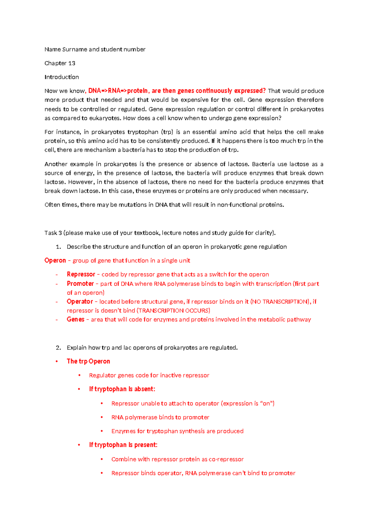 Week 9a Ch 13 Task Memo Regulation and Gene Expression and Ch 14