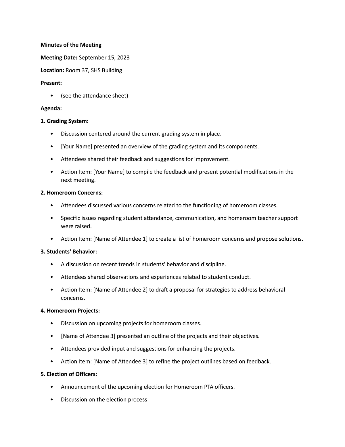 Sample Minutes of the Meeting - Minutes of the Meeting Meeting Date ...