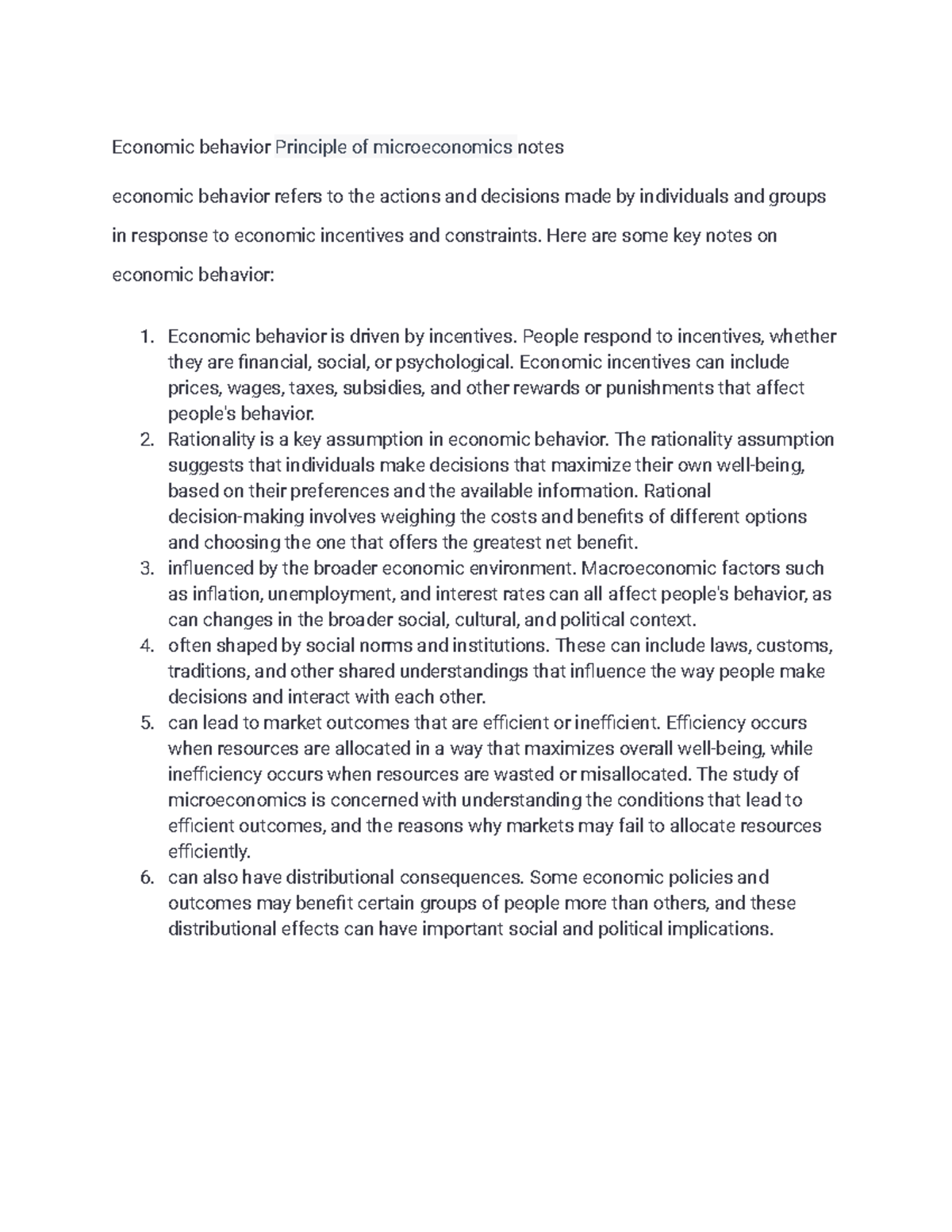 Economic behavior notes - Economic behavior Principle of microeconomics ...