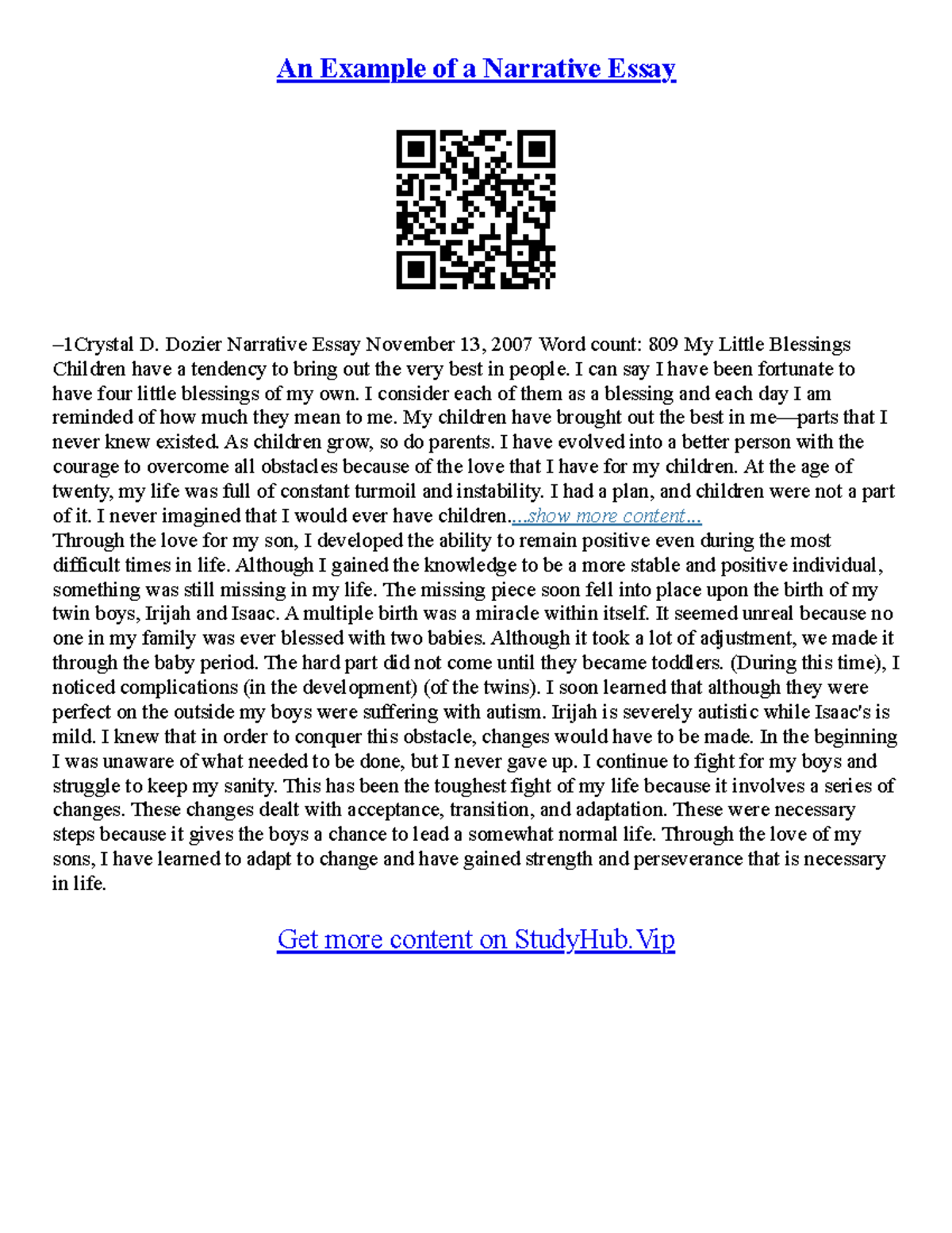 Example Of Good Narrative Essay - An Example of a Narrative Essay ...