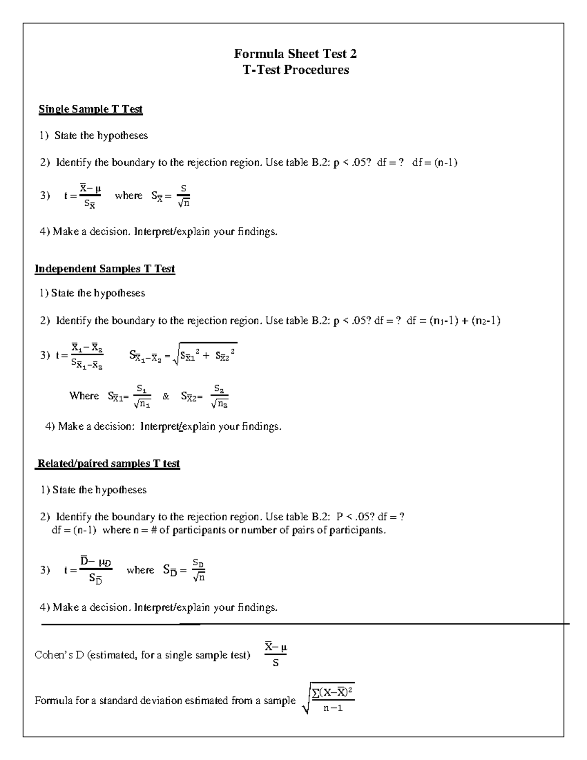 Formula sheet test2 - Formula Sheet Test 2 T-Test Procedures Single ...