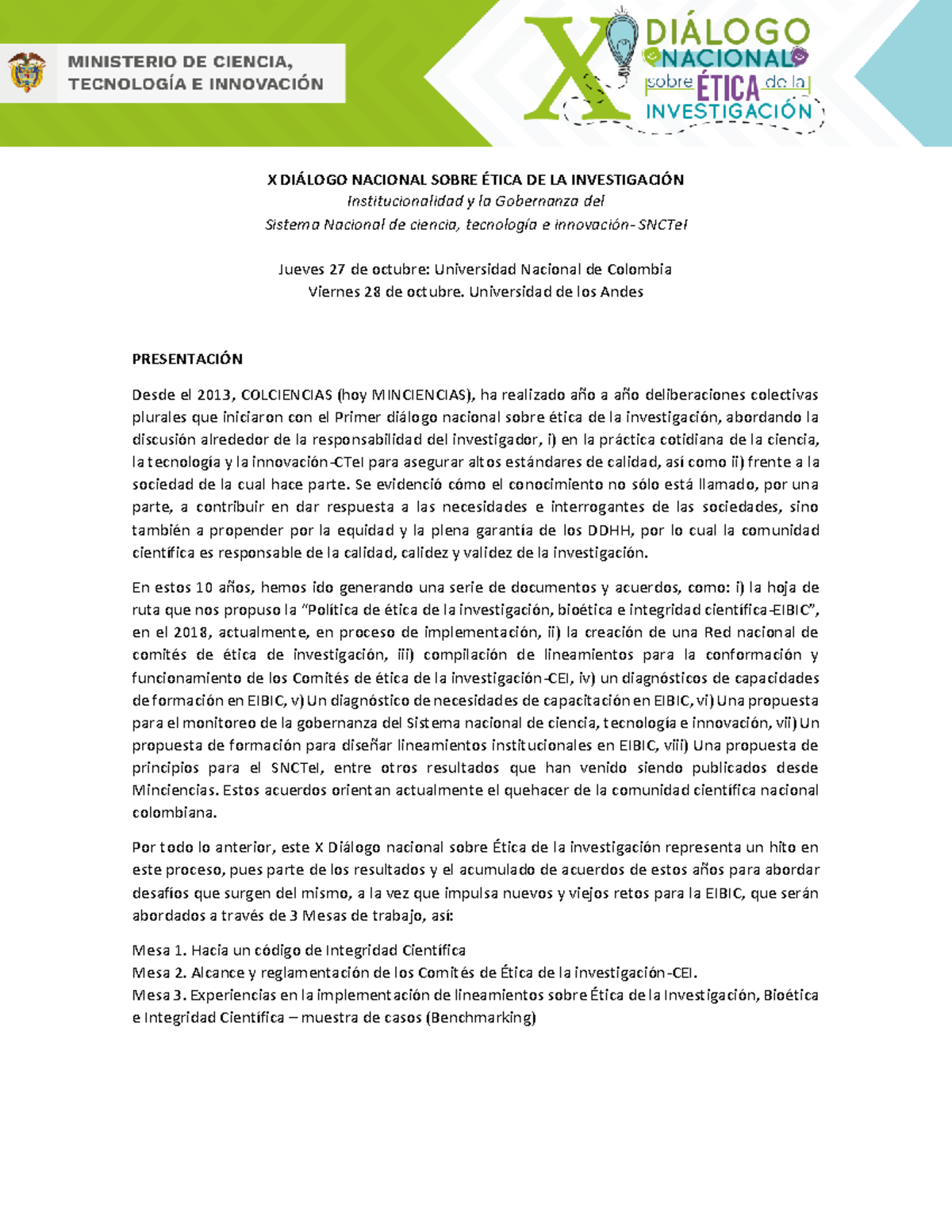 Agenda X Diálogo Nal. Sobre ética E Investigación - X DI¡LOGO NACIONAL ...