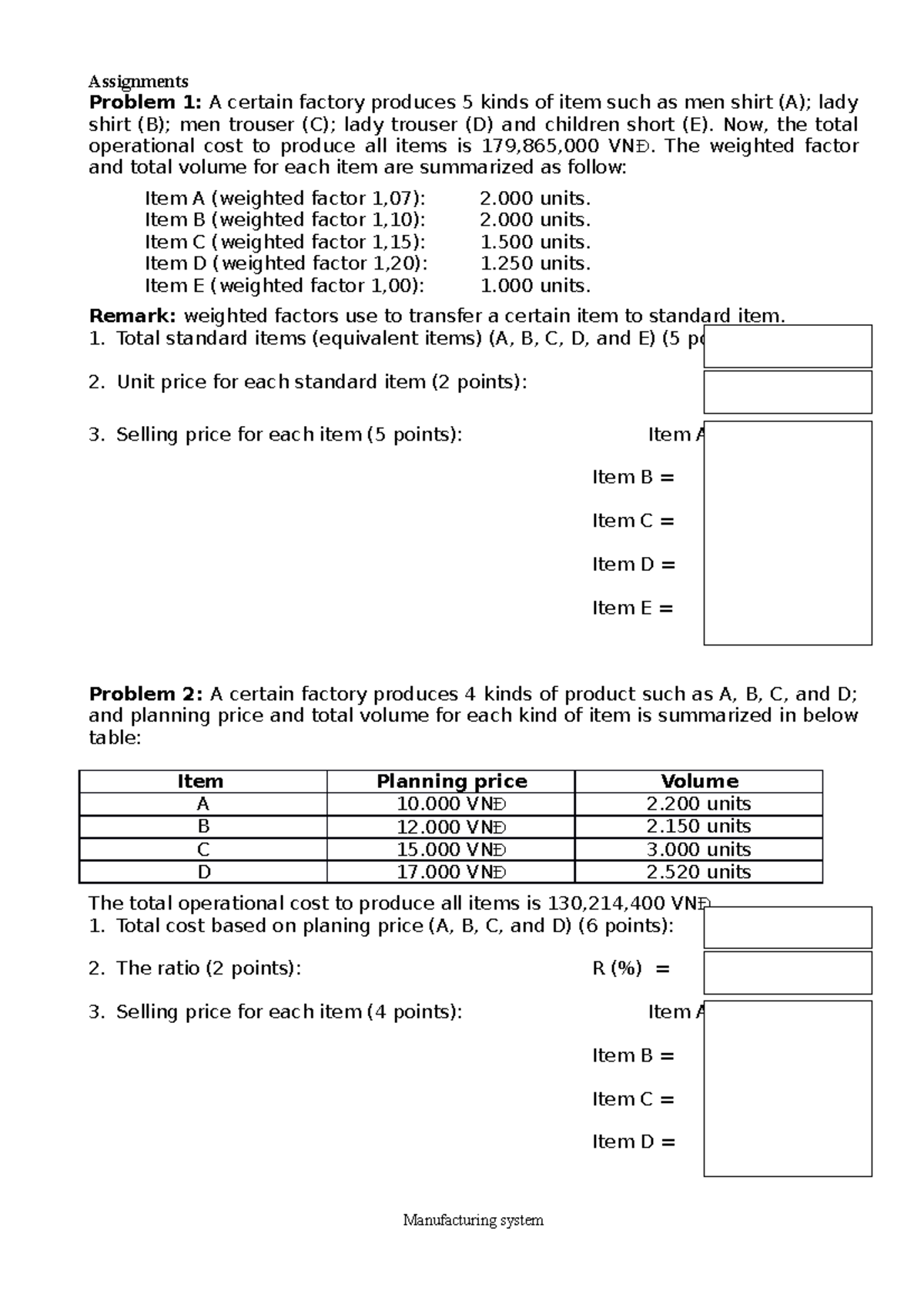 assignment problem in factory