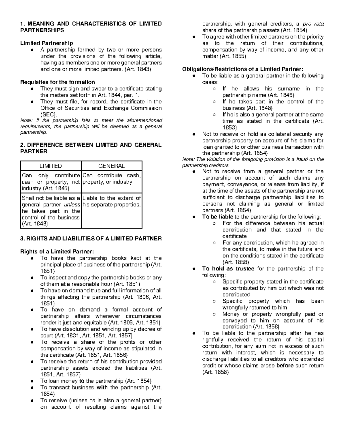 LAW Chapter 4 Limited Partnerships - 1. MEANING AND CHARACTERISTICS OF ...