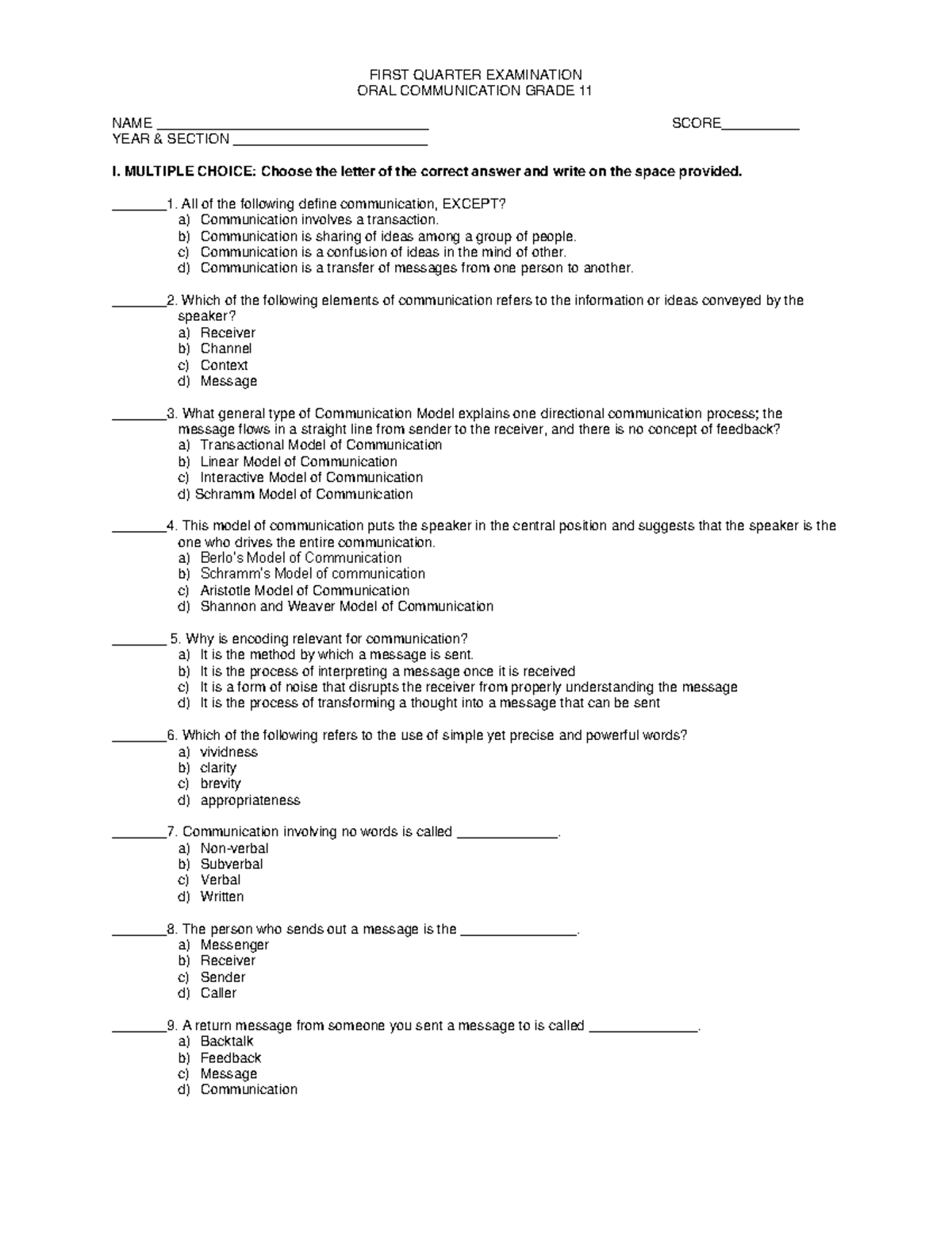 50 item test with rationalization English Grade 11 sample - FIRST ...