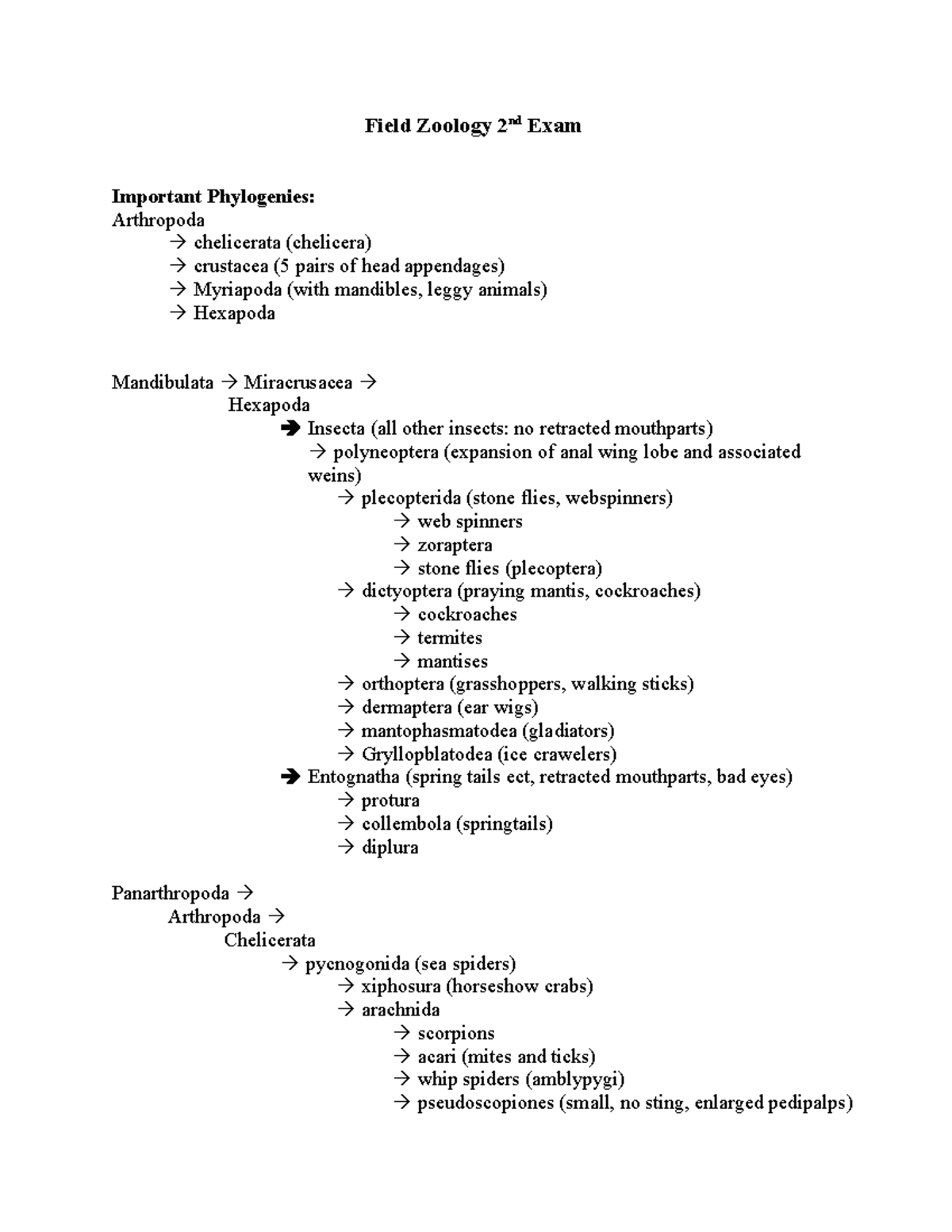 Field Zoology 2nd Exam Field Zoology 2nd Exam Important Phylogenies