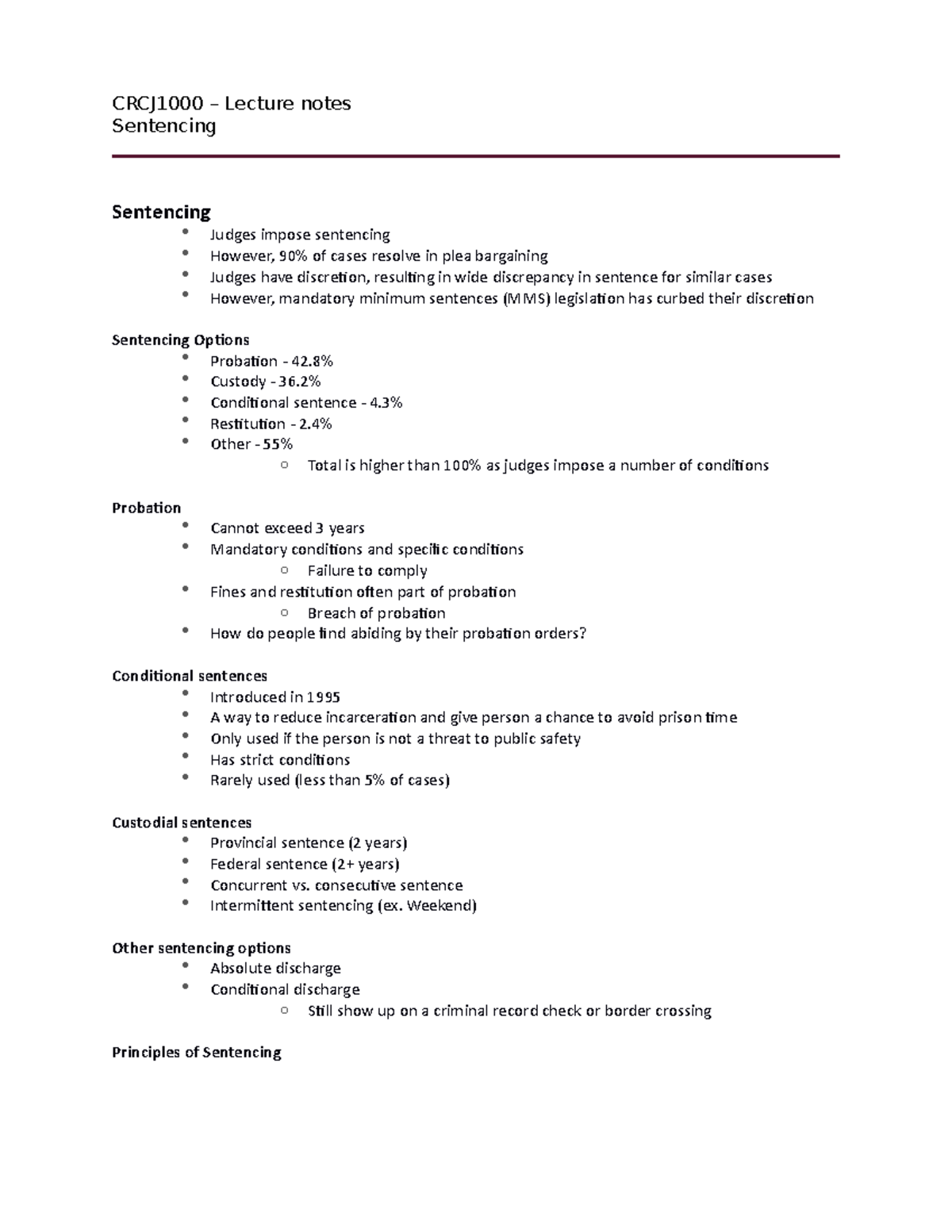 CRCJ1000 - Lecture notes - Sentencing - CRCJ1000 – Lecture notes ...