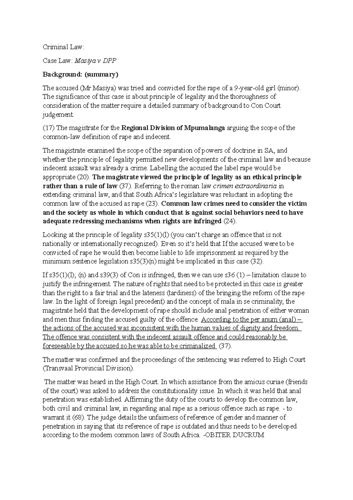 Masiya v DPP case law summary Criminal Law Case Law Masiya v DPP