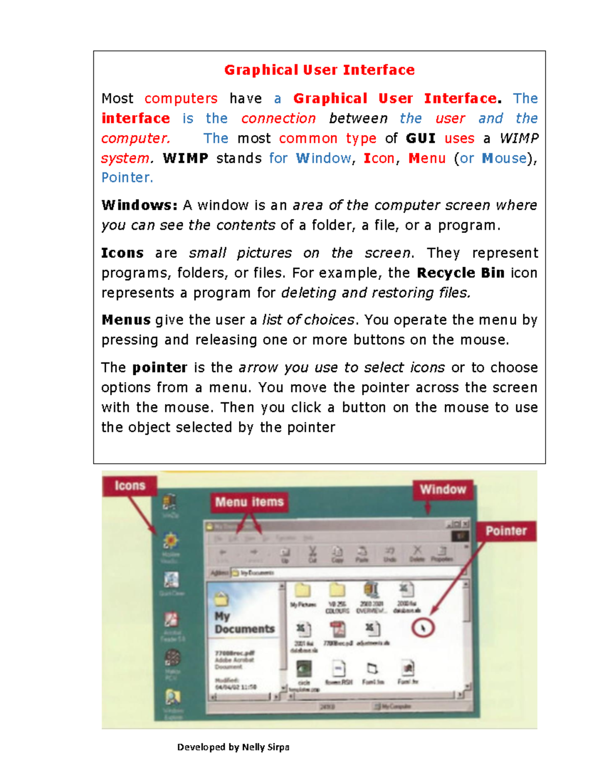 Reading WIMP 2 - Graphical User Interface Most computers have a ...