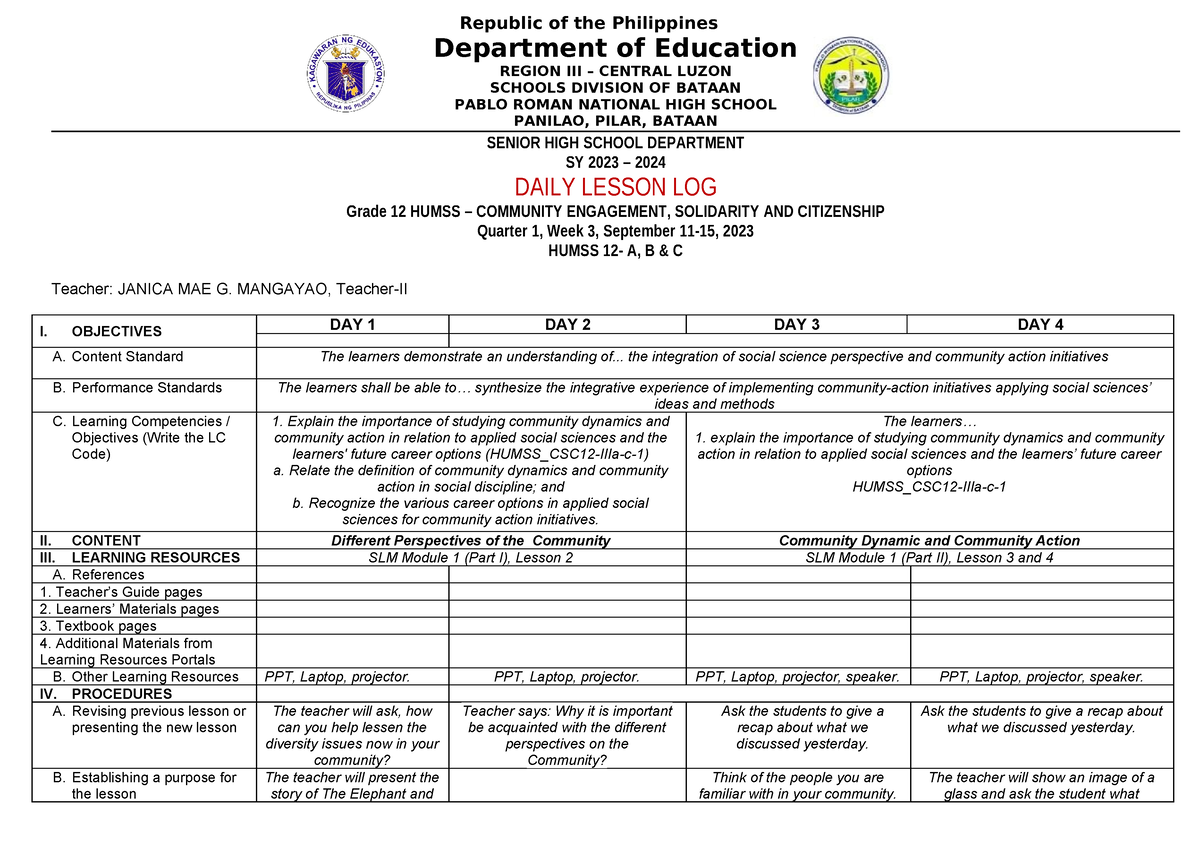 WEEK3 Daily Lesson LOG CESC Janica MAE Mangayao - Republic of the ...