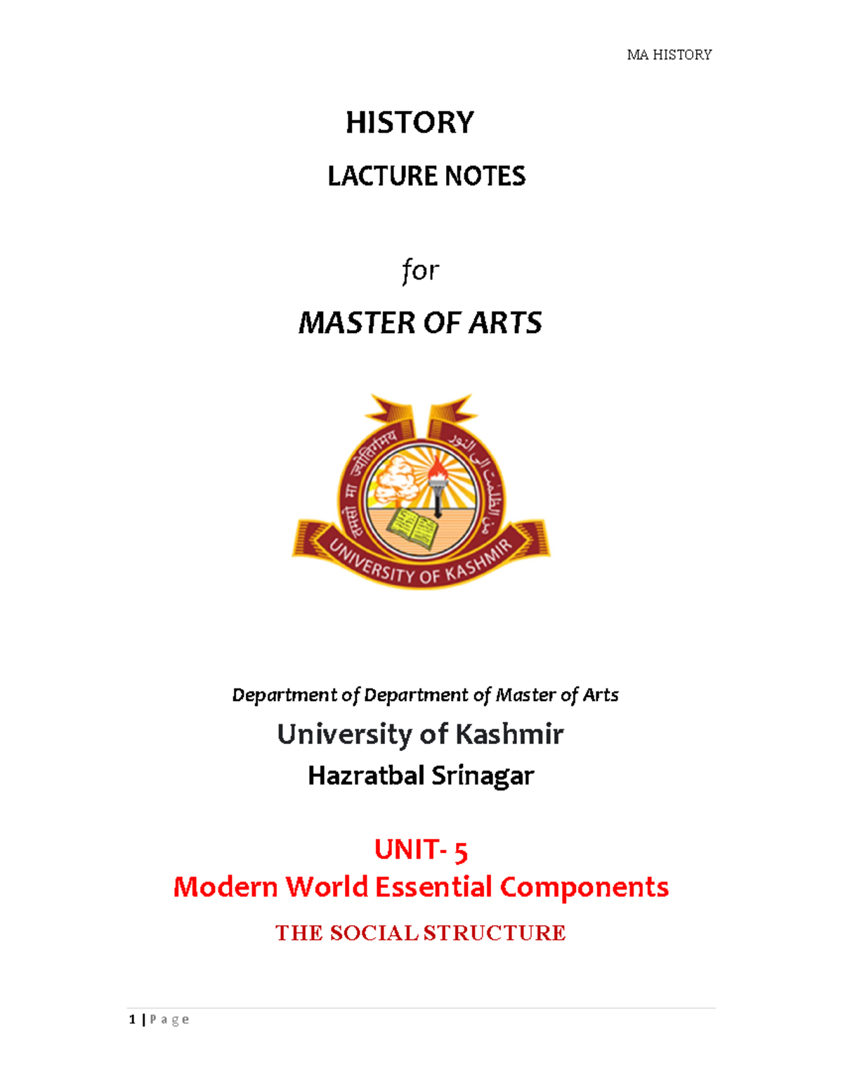 MA History UNIT 6 Modern World Essential Components THE Social ...