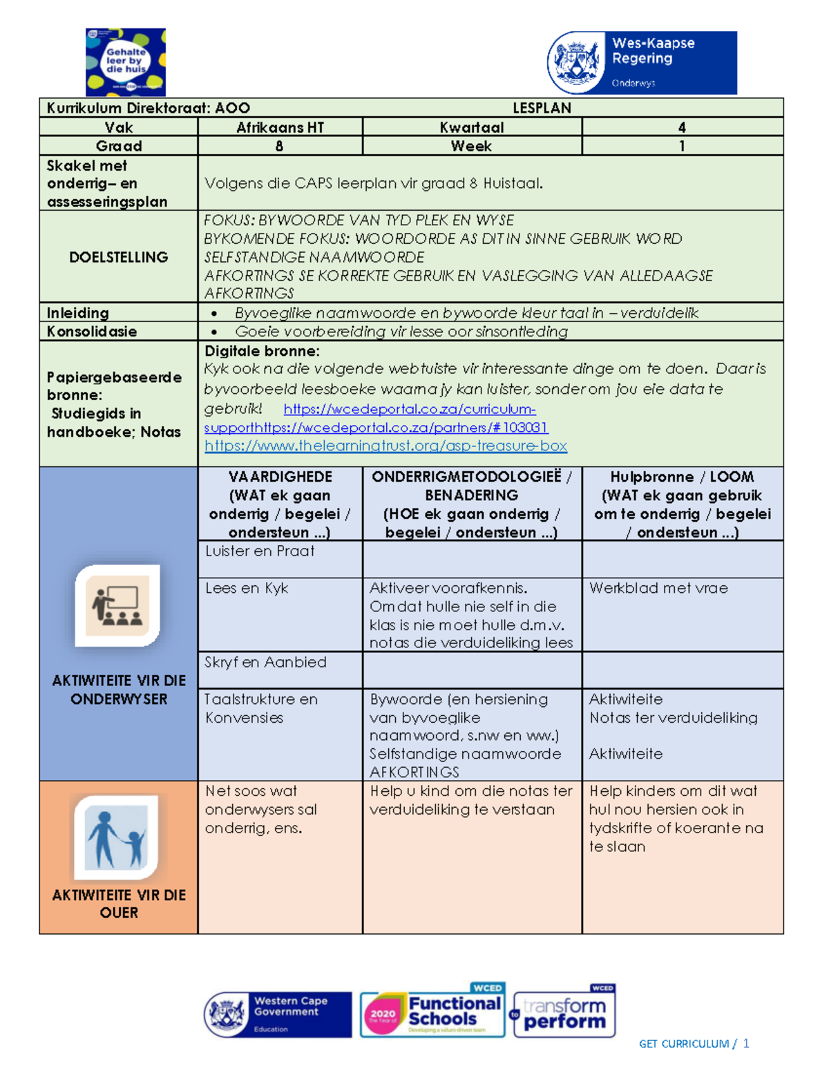 Afri. HT Gr  Afrikaans Huistaal Graad 8  Kurrikulum Direktoraat AOO