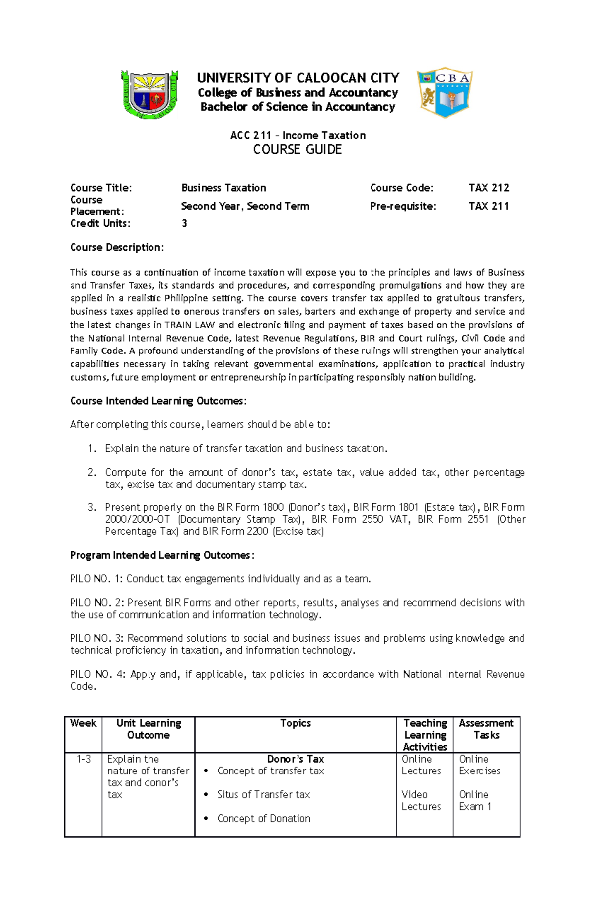 Course Guide Tax 1 - UNIVERSITY OF CALOOCAN CITY College of Business ...