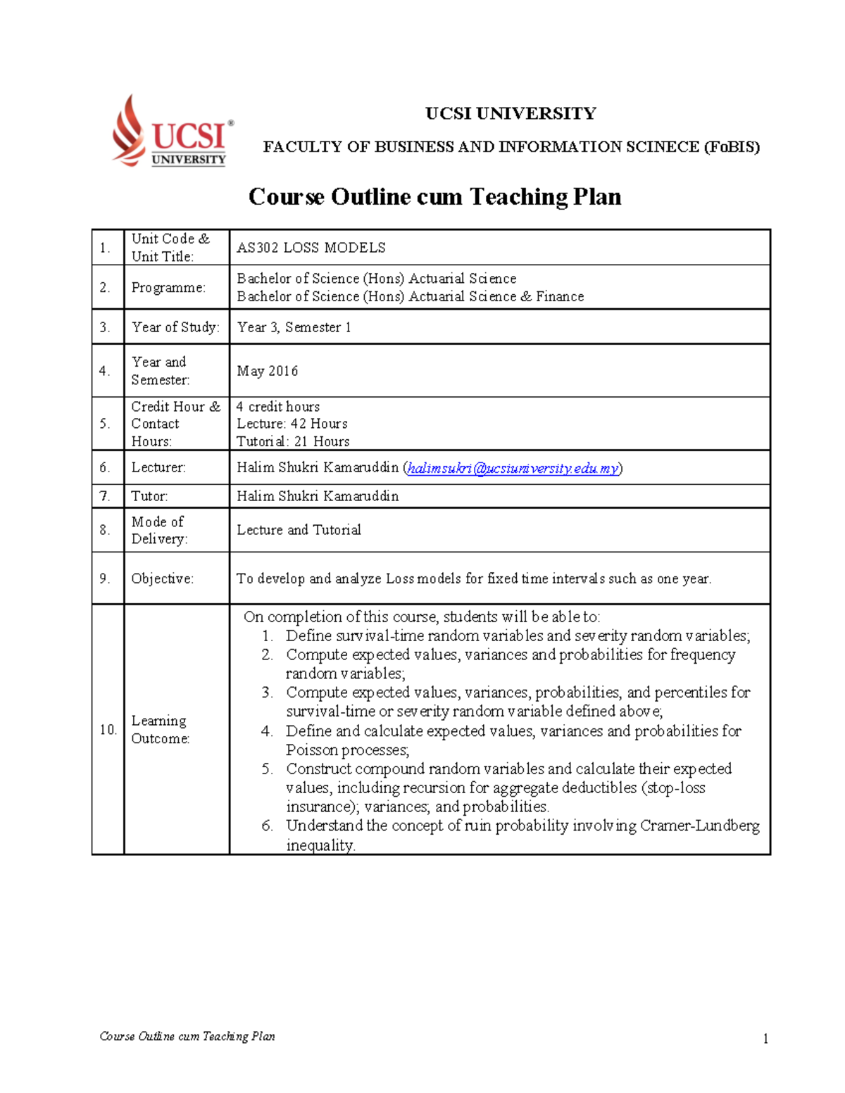 Y2S2 AS302 Course Outline cum Teaching Plan Jan16 - UCSI UNIVERSITY ...