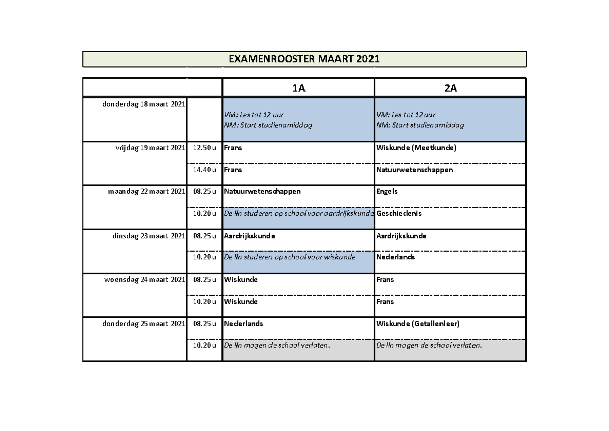 2-Exrooster MAA '21 - Examenrooster - 1A 2A Donderdag 18 Maart 2021 VM ...