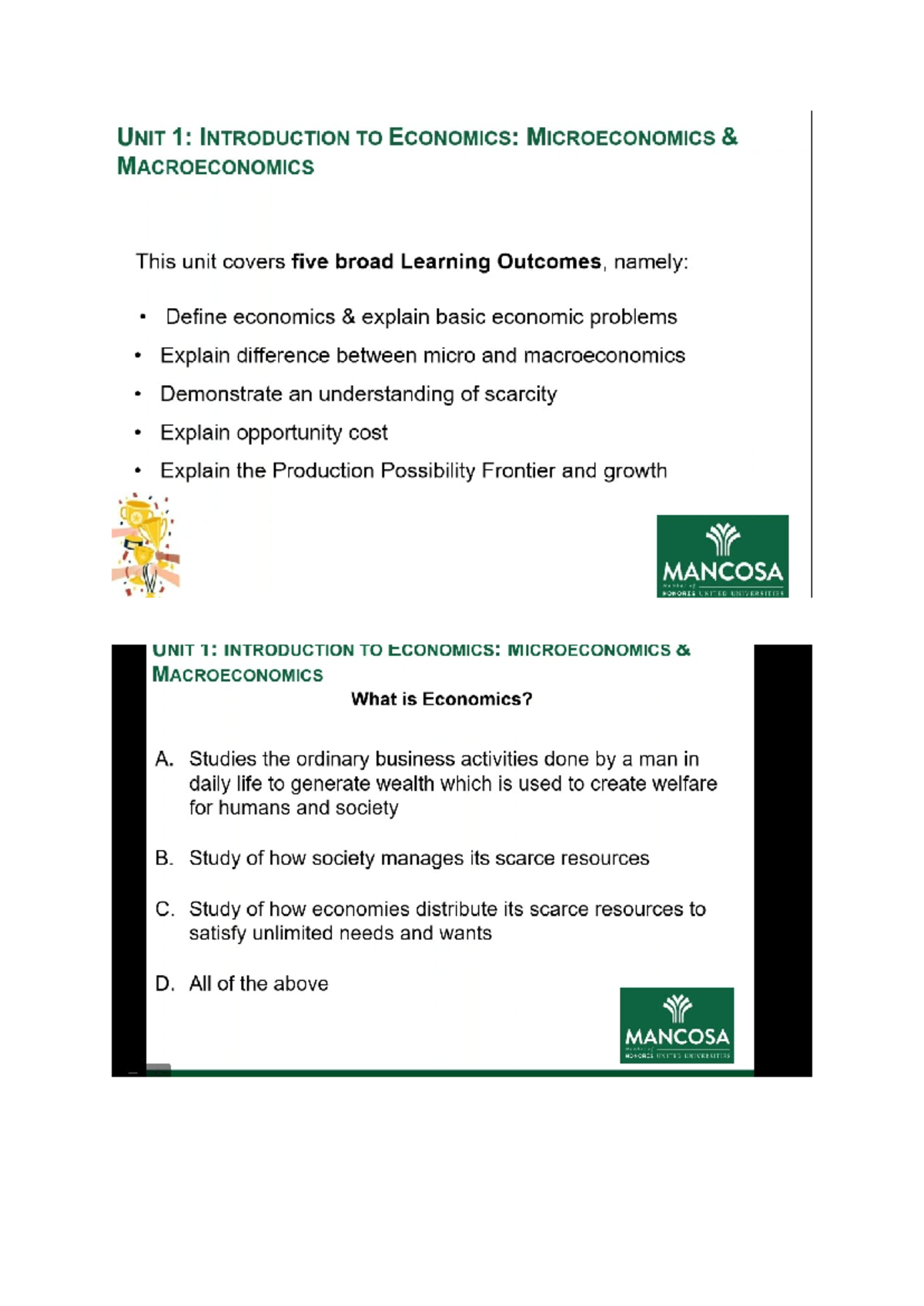 Fundamentals of Economic notes webinar 1 UNIT Definition of Economics