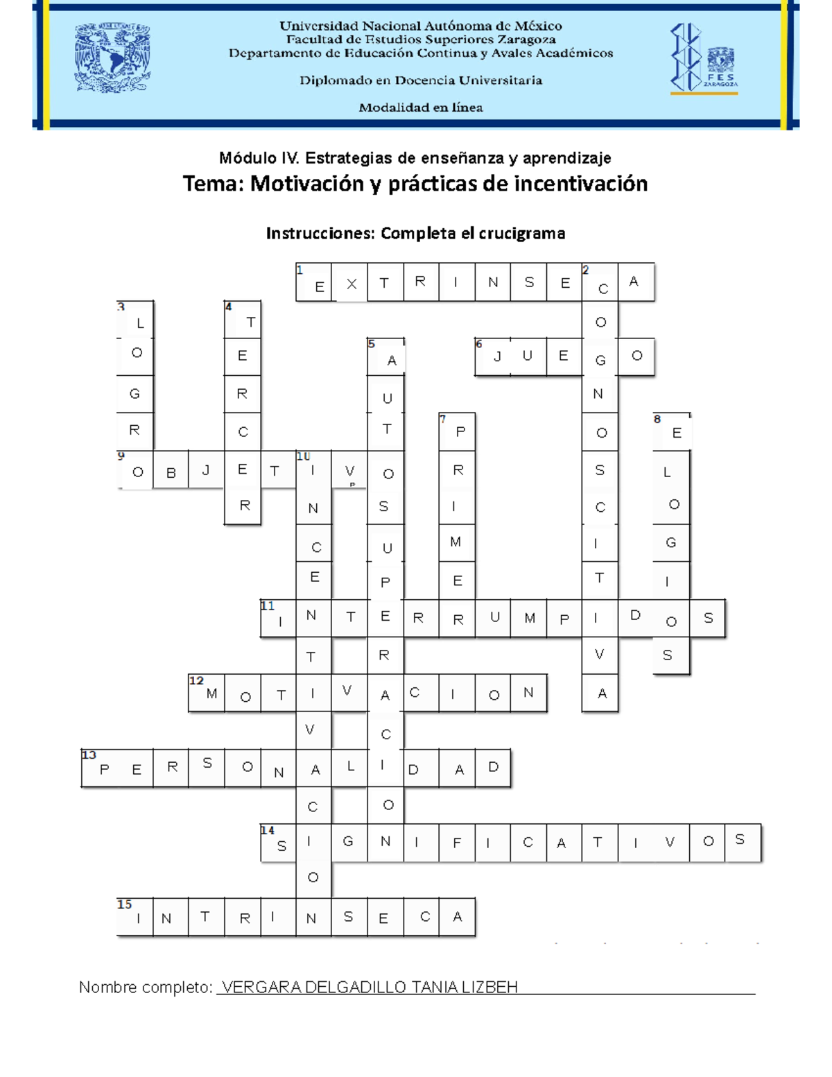 Crucigrama Motivación y prácticas de incentivación 2022 Módulo IV