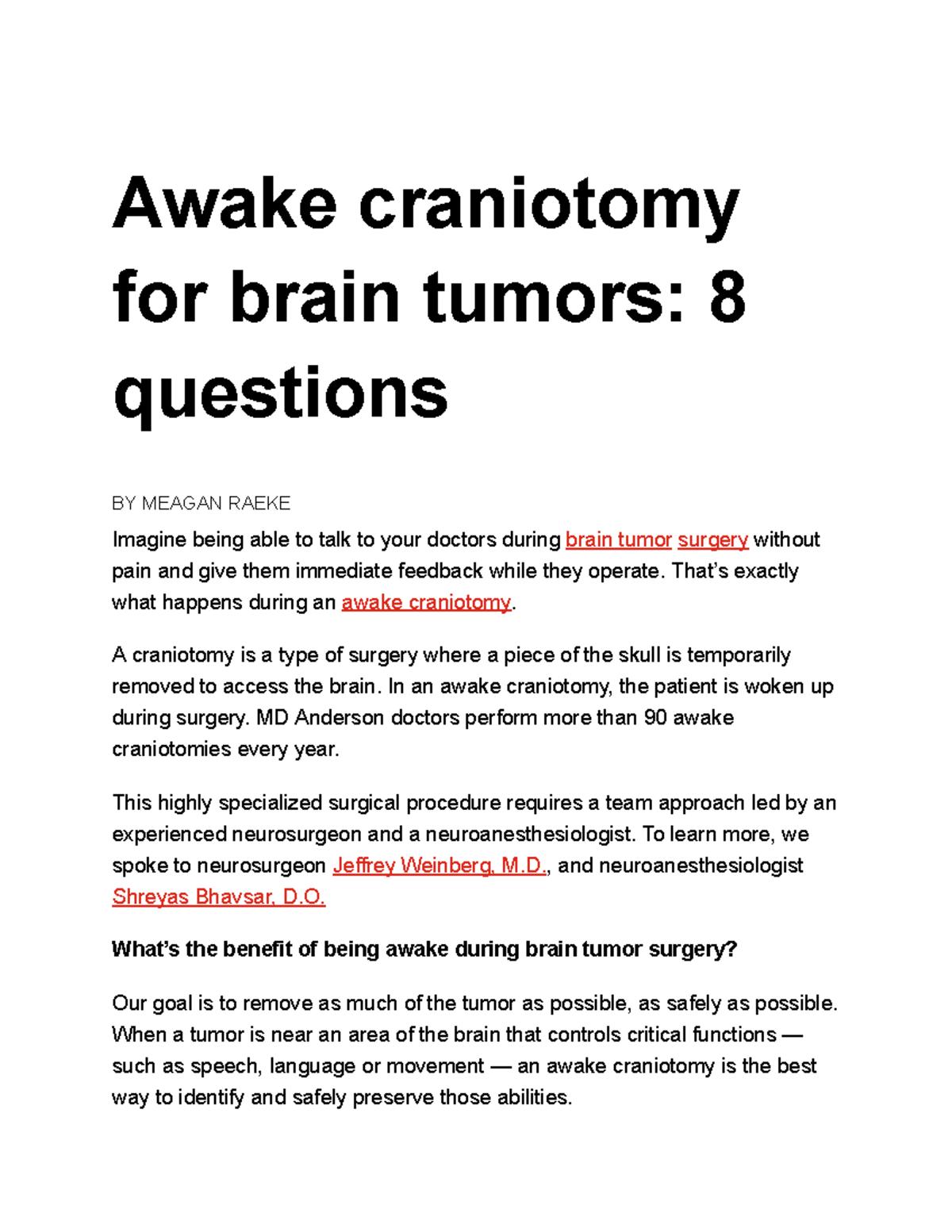 Awake craniotomy for brain tumors 8 questions Awake craniotomy for