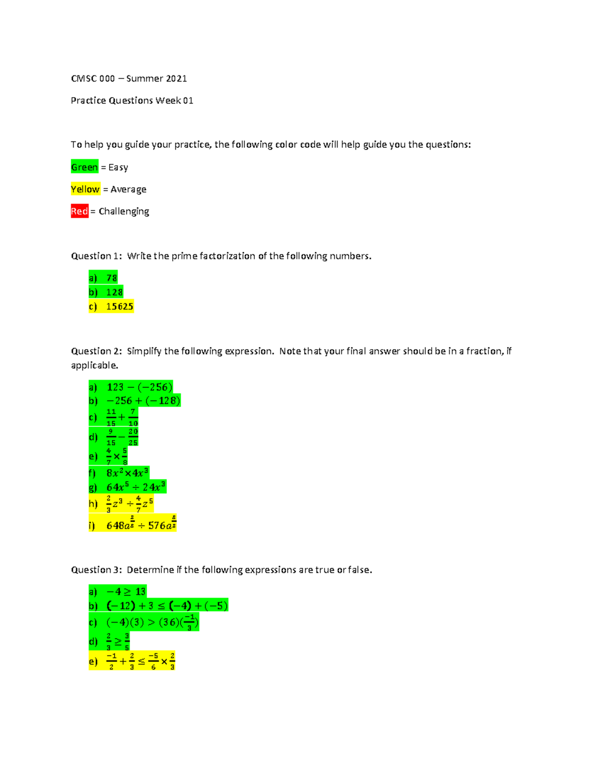 Practice Questions CMSC 000 - Problem Set 1 - CMSC 000 – Summer ...