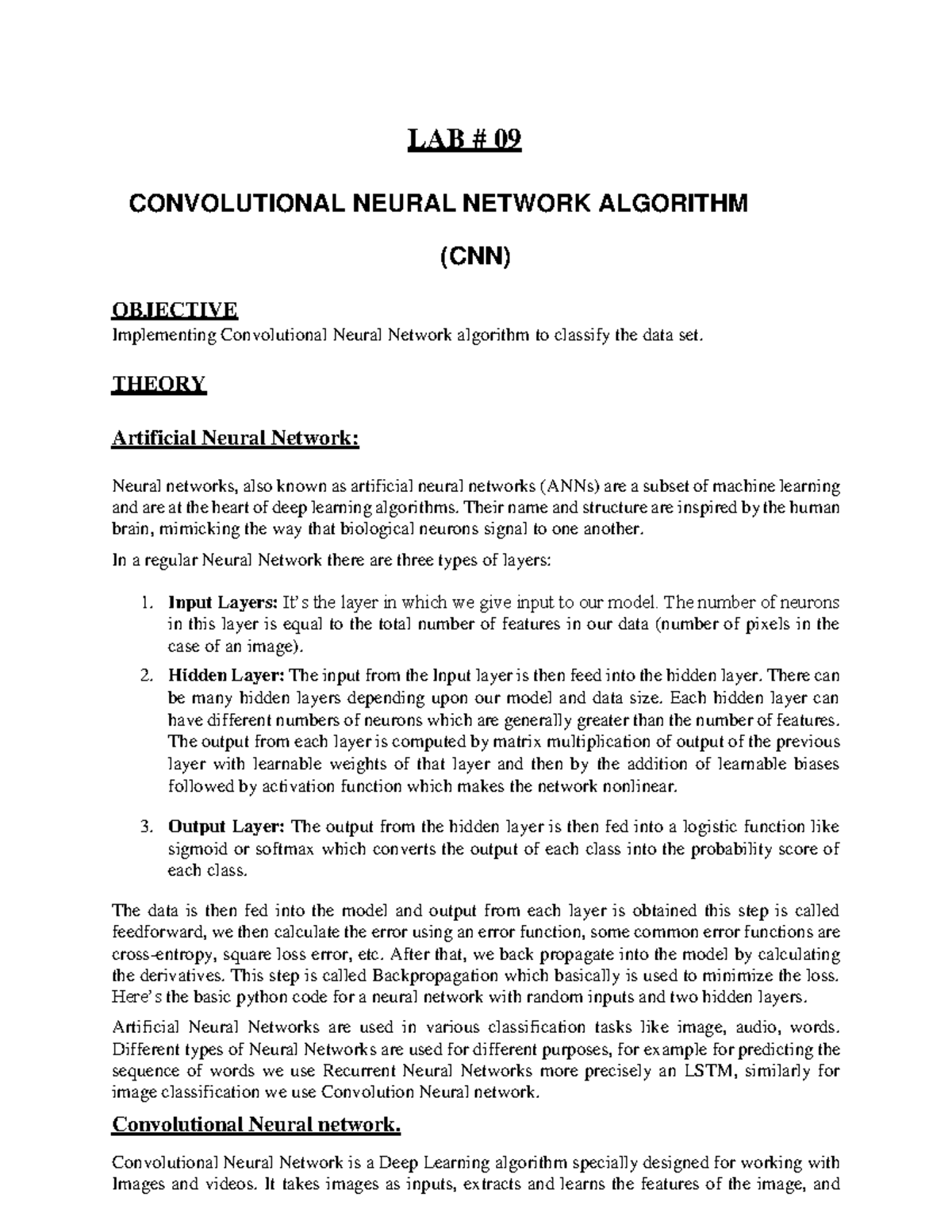 LAB 09 - lab manual - LAB # 09 CONVOLUTIONAL NEURAL NETWORK ALGORITHM ...