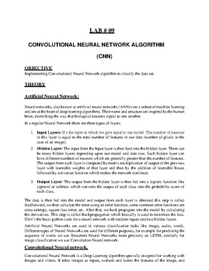 LAB 09 - lab manual - LAB # 09 CONVOLUTIONAL NEURAL NETWORK ALGORITHM ...