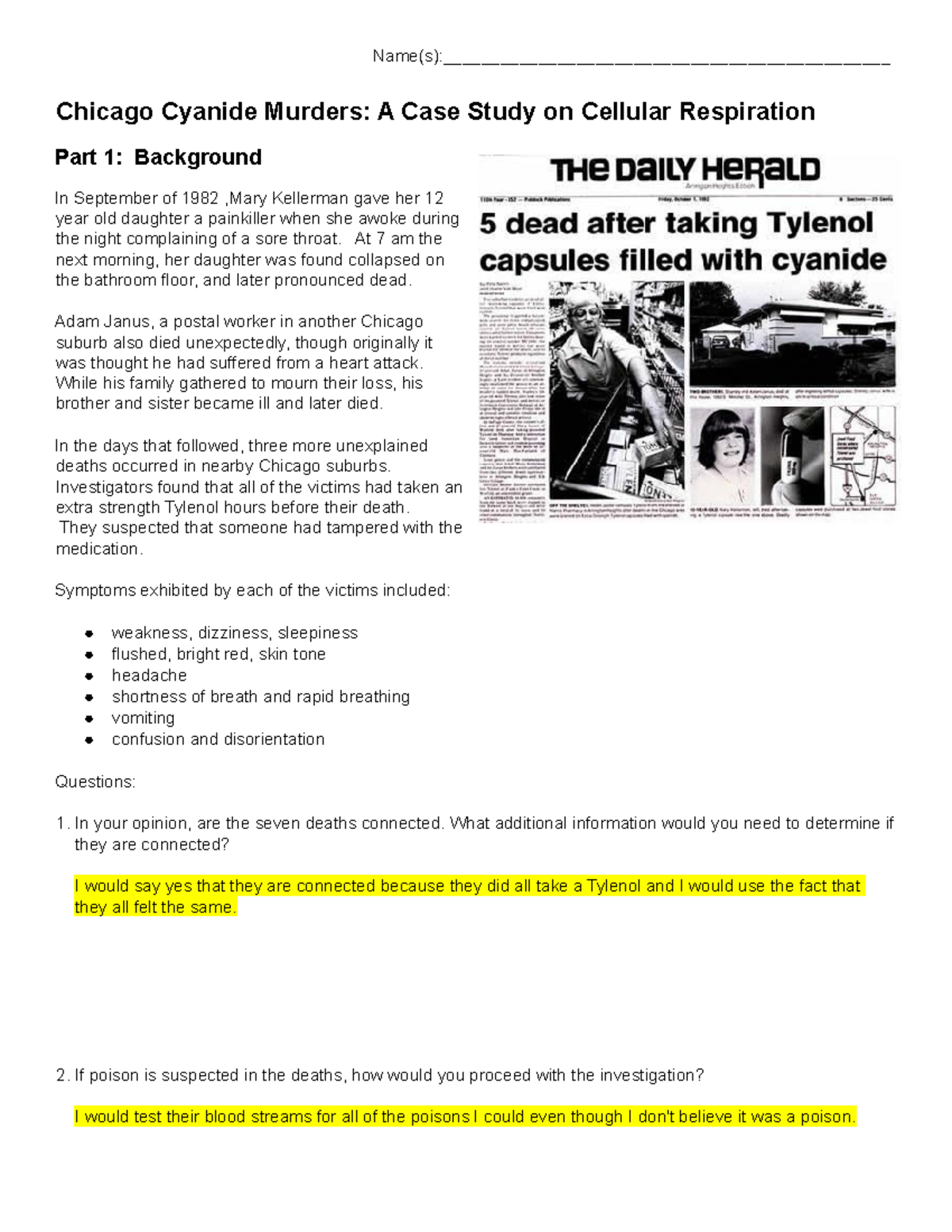 Chicago Cyanide Murders Name(s