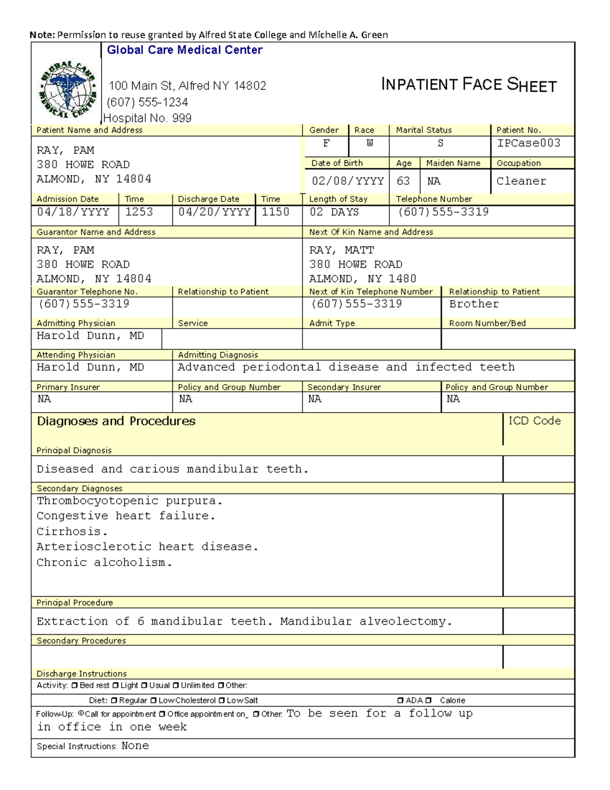 HIM 200 Health Record - course work - Note: Permission to reuse granted ...