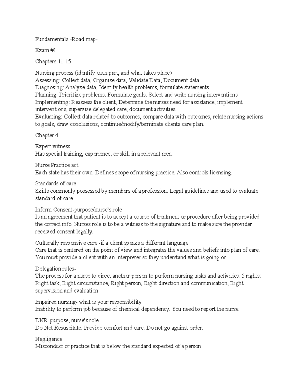 Roadmap exam 1 for fundy Fundamentals Road map Exam Chapters 11