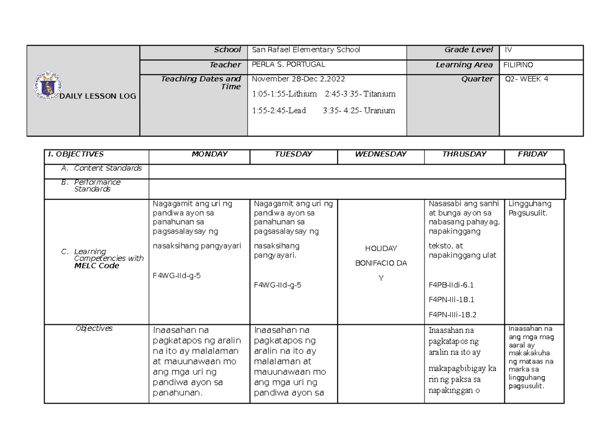 Q2-W4-filipino DLL- Perla - DAILY LESSON LOG School San Rafael ...