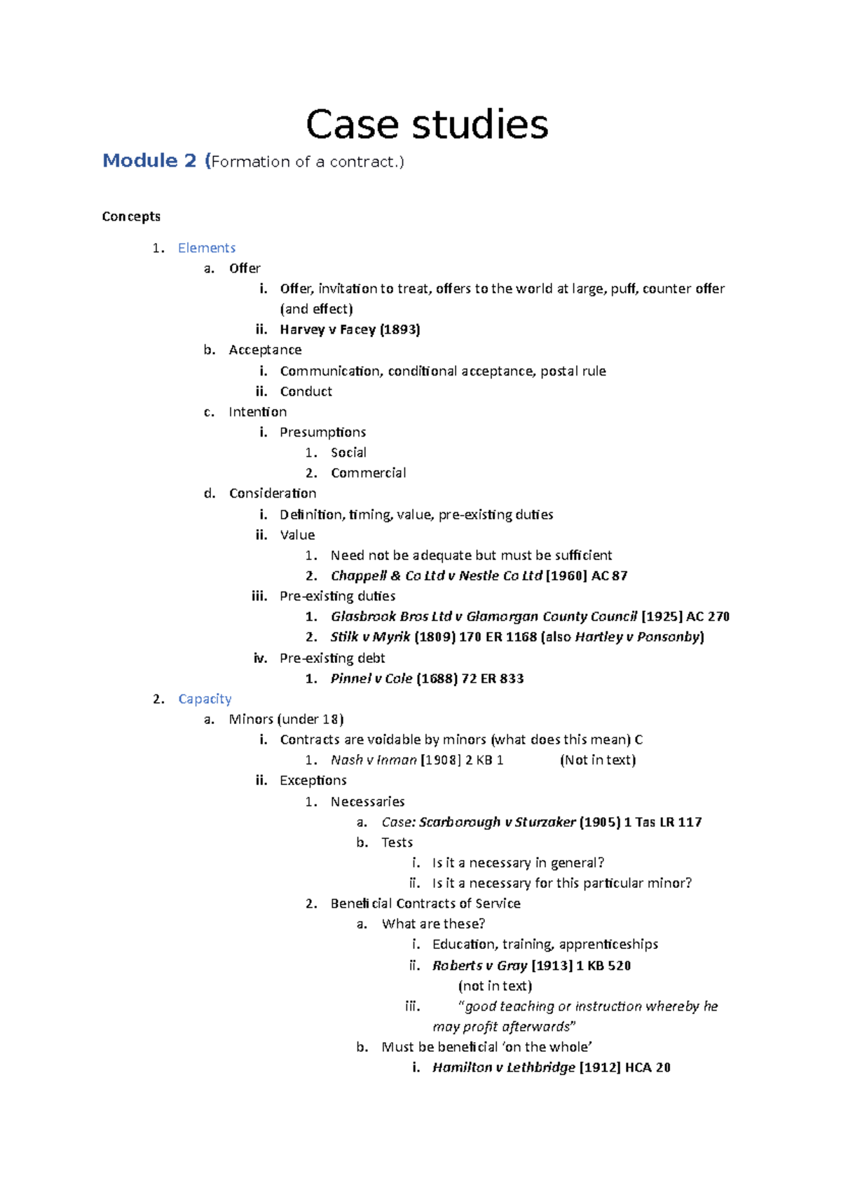 Contract Law review Notes - Case studies Module 2 (Formation of a ...