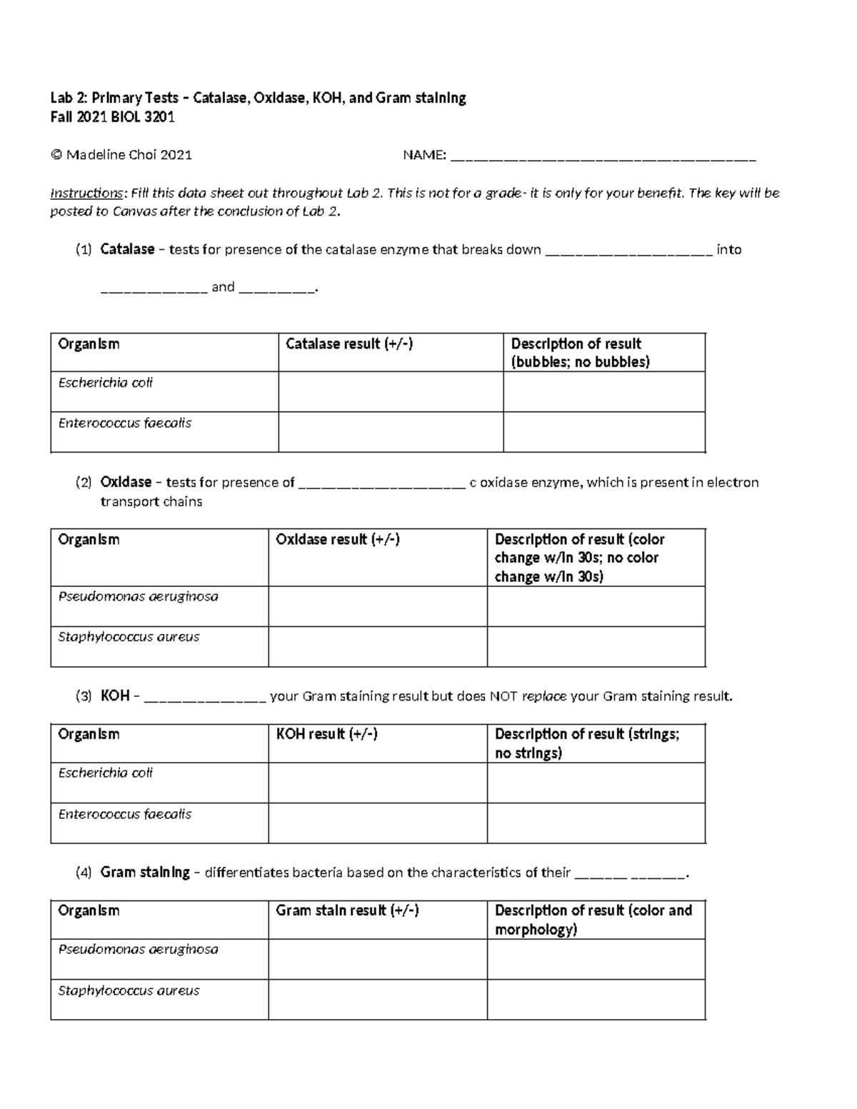 Lab 2 Worksheet Blank - Lab 2 - Lab 2: Primary Tests – Catalase ...