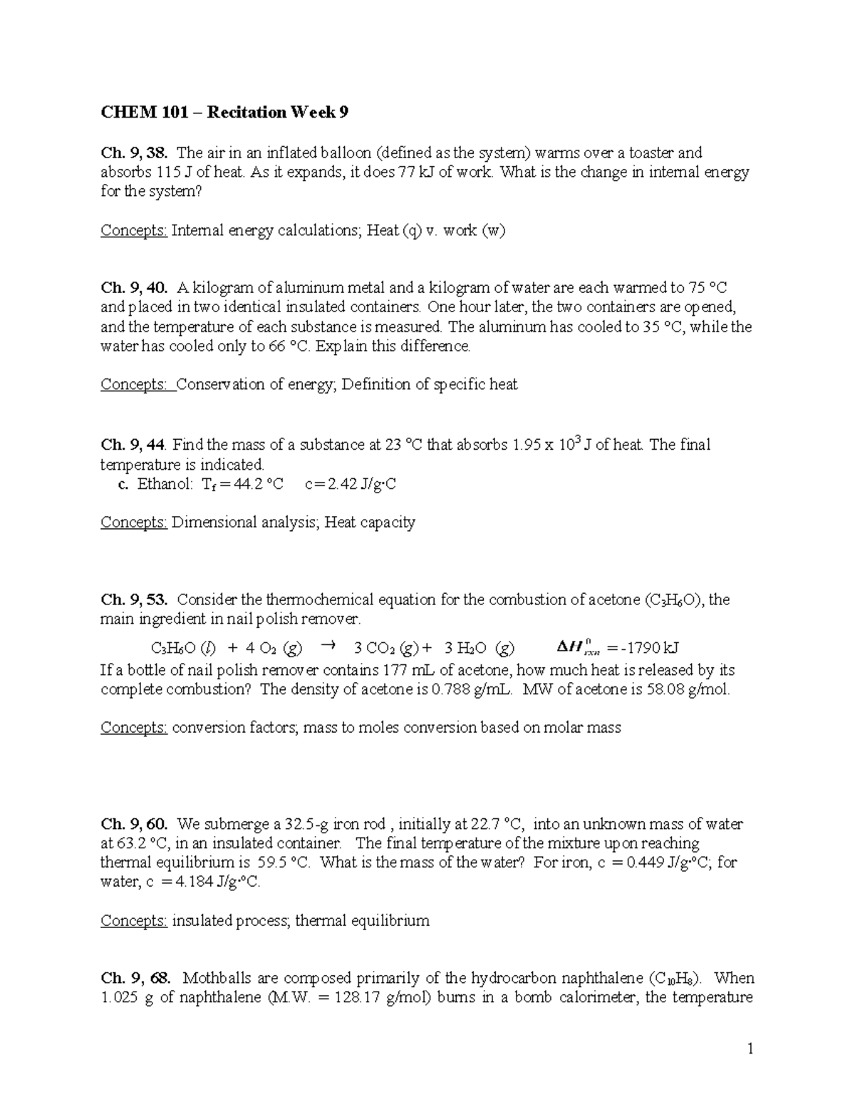 CHEM 101 Recitation Week 9 - CHEM 101 – Recitation Week 9 Ch. 9, 38 ...