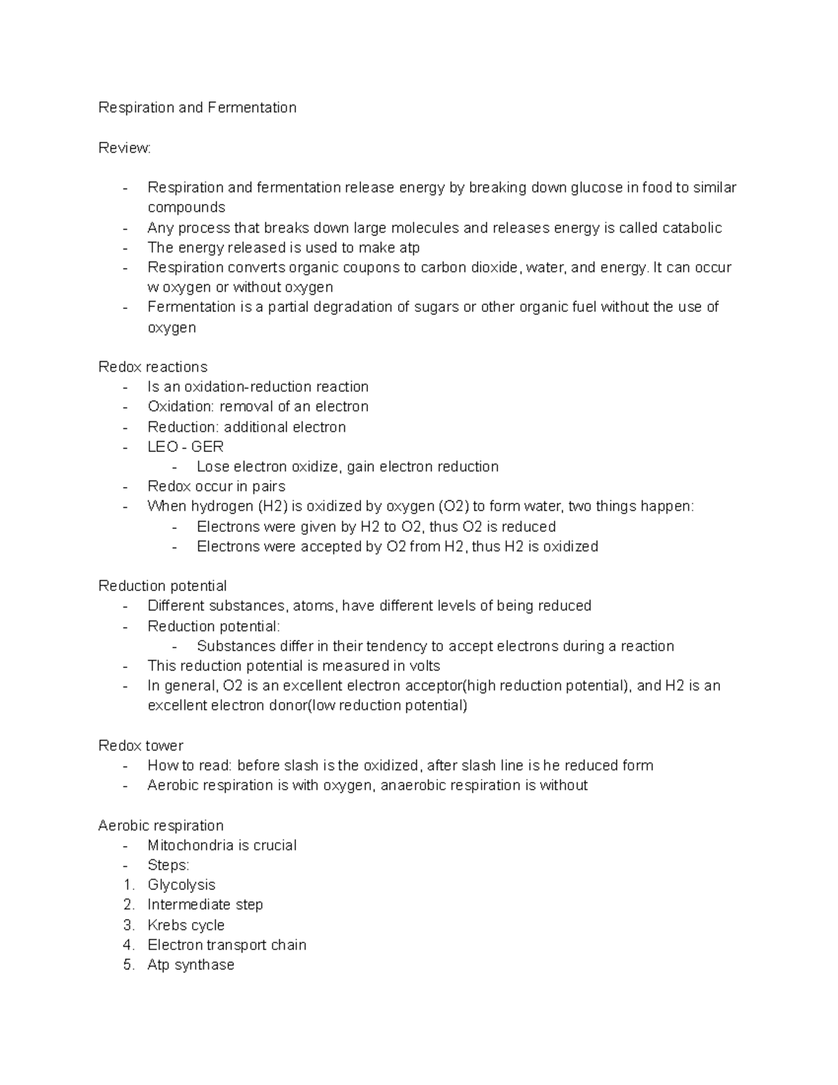 BILD 1 UCSD Respiration and Fermentation Notes - Respiration and ...