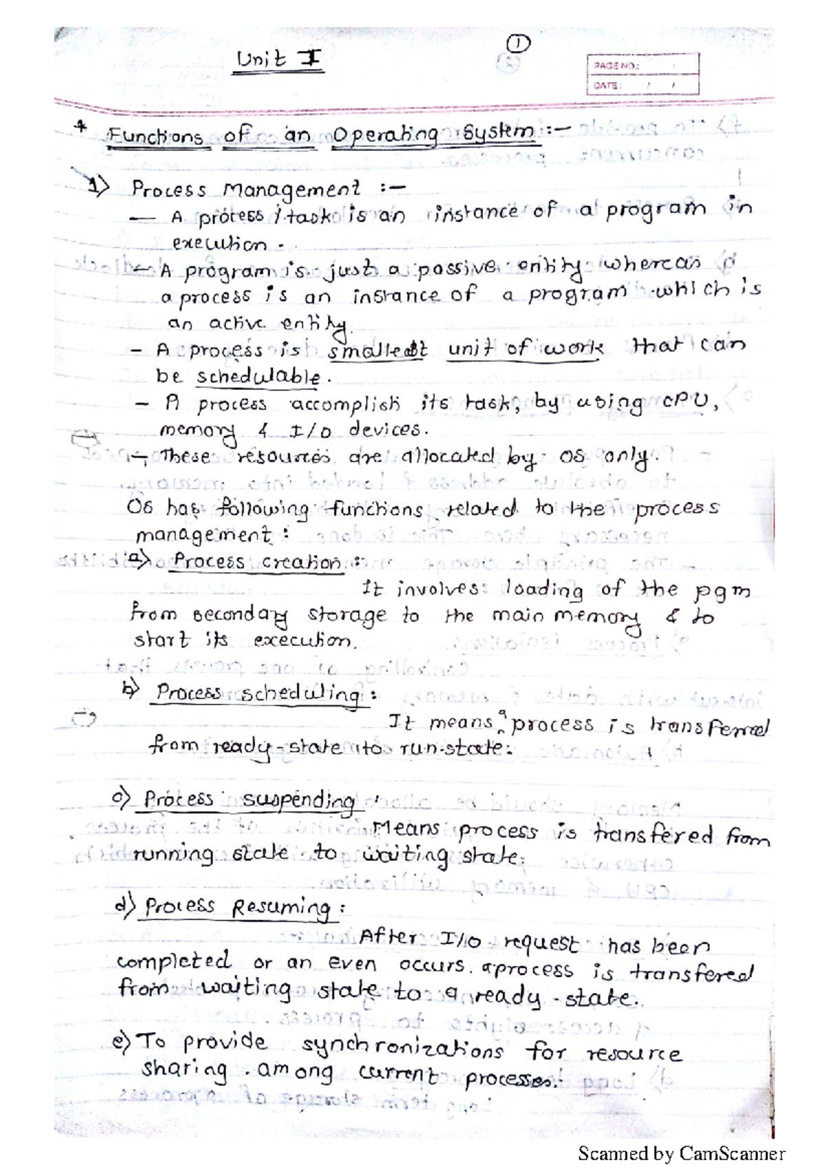 OS unit 1 notes - 1 Unit I PAGE NO.: DATE: Functions of an Operating ...