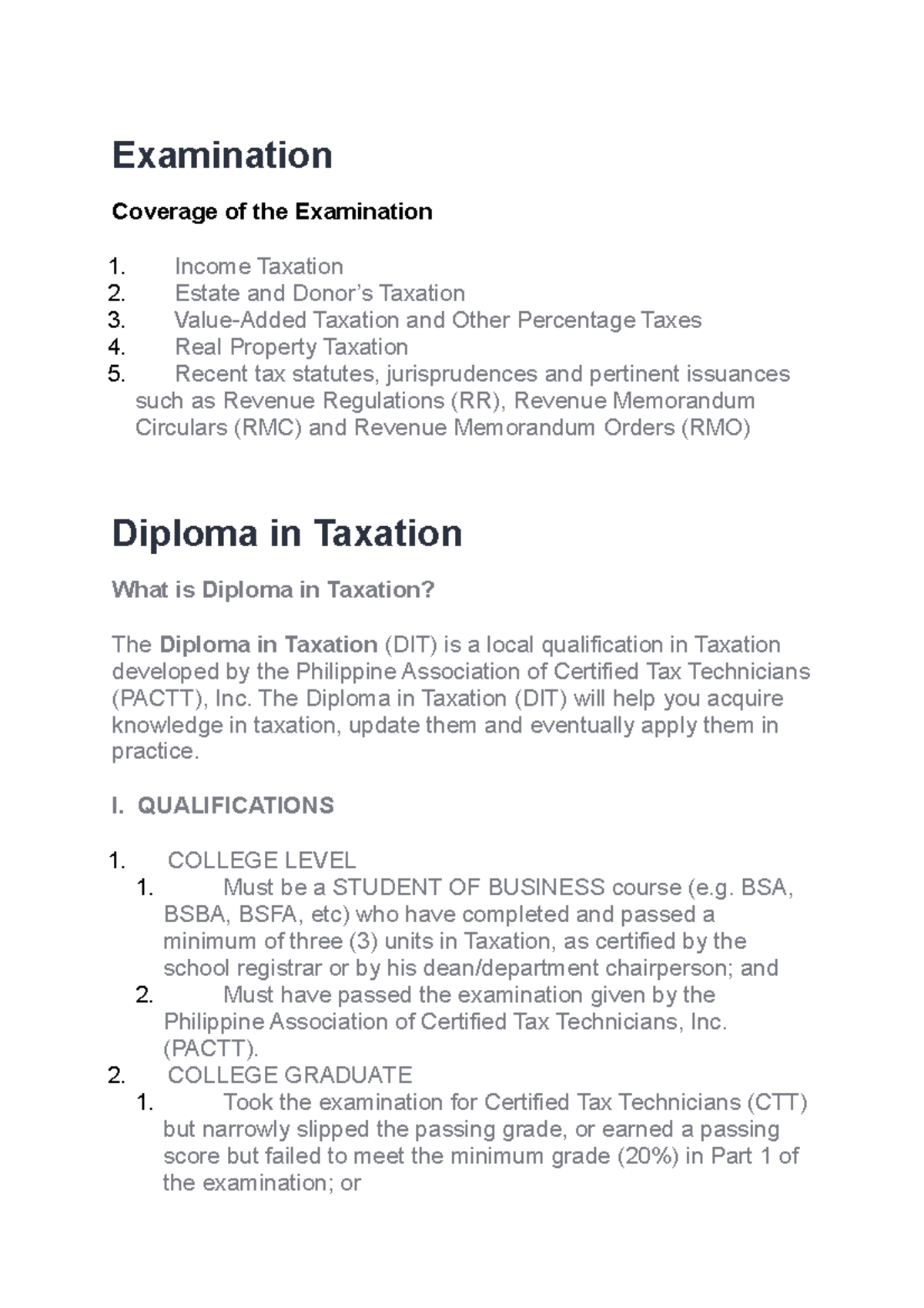 Examination Coverage for Certified Tax Technician Examination