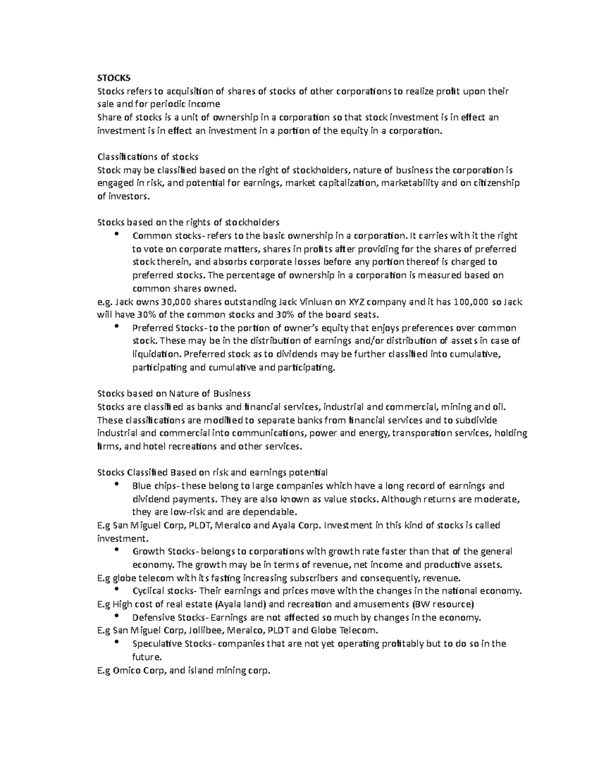 Stocks - Lecture notes 1 - STOCKS Stocks refers to acquisition of ...