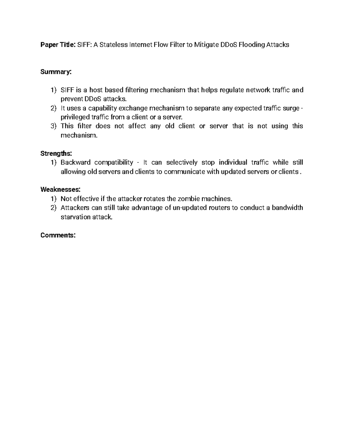 SIFF - Review - Paper Title: SIFF: A Stateless Internet Flow Filter to ...