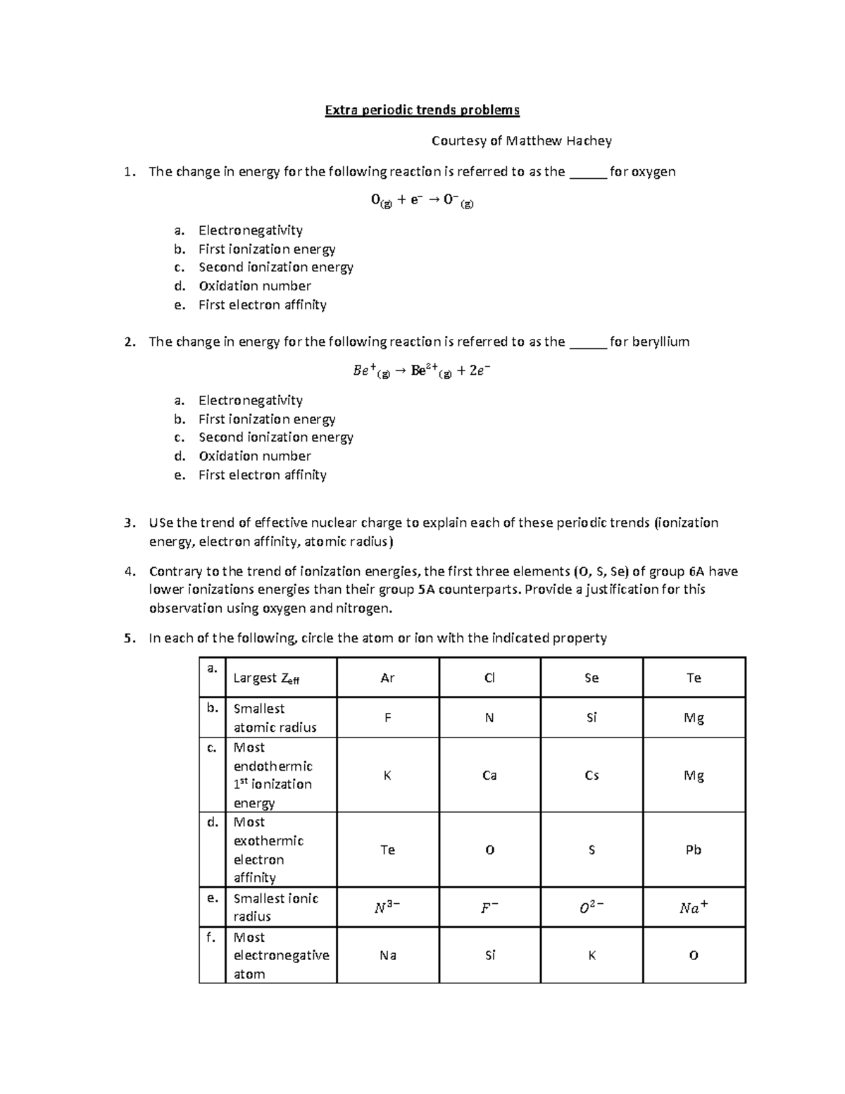 NYA Fall 2021 Periodic trends practice questions w solutions - Extra ...