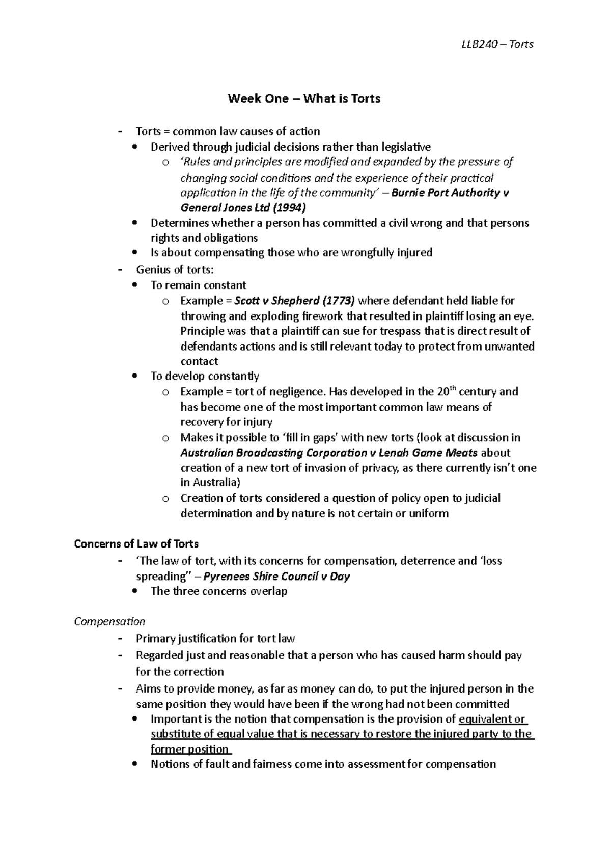 Notes - Summary Law Of Torts - Week One – What is Torts Torts = common ...