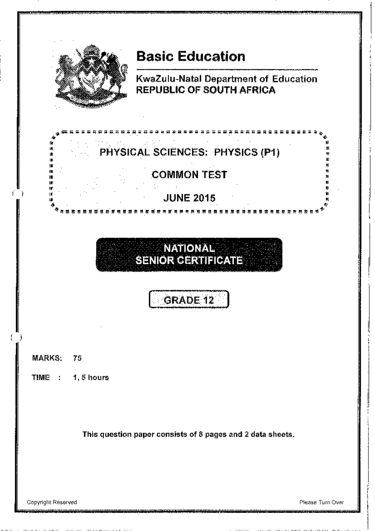 June 2015 phy p1 qp memo work studocu