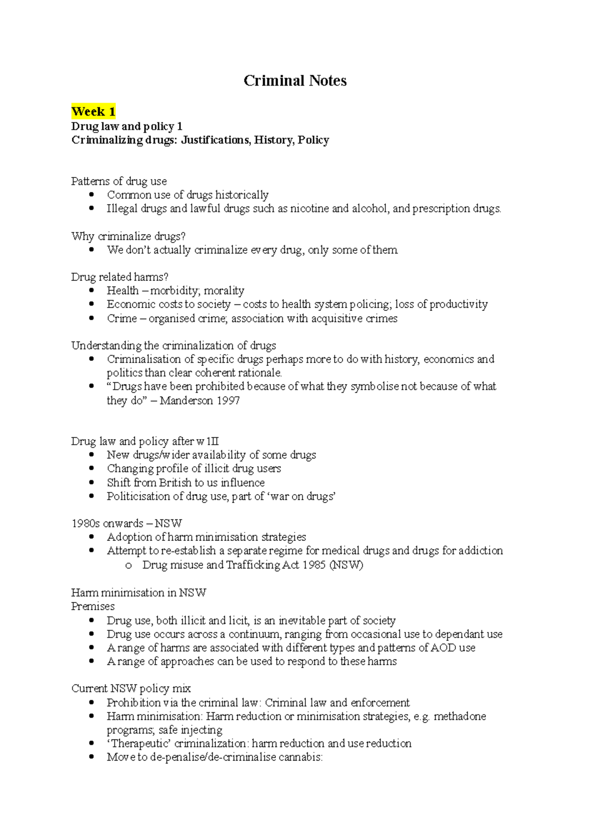 Criminal Notes - Criminal Notes Week 1 Drug law and policy 1 ...