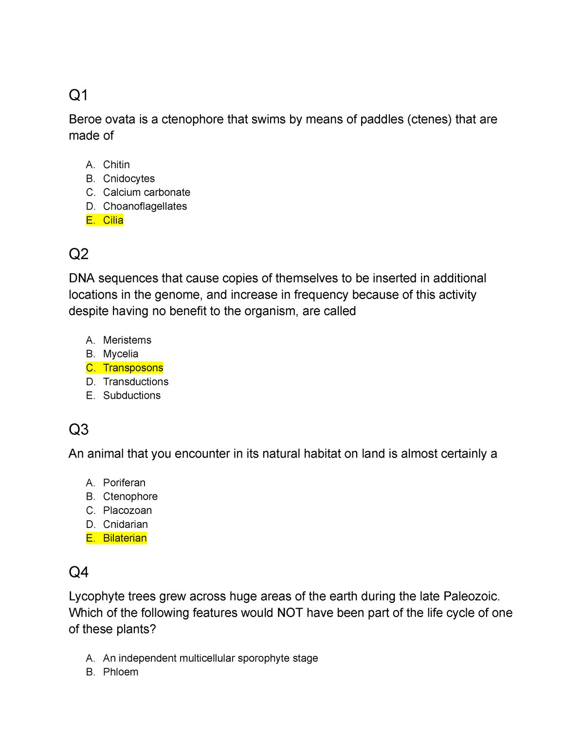 Pob 2 Midterm 2 V1 Answers Q Beroe Ovata Is A Ctenophore That Swims