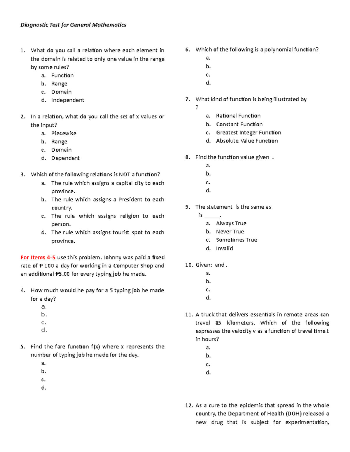 Diagnostic Test General Mathematics - Diagnostic Test for General ...